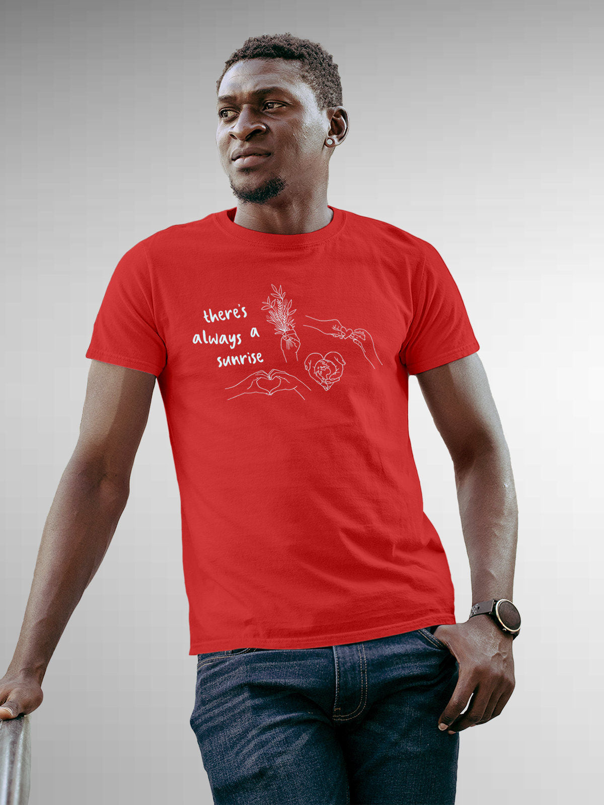 Model wearing Men's Red Round Neck T-shirt with 'There's Always a Sunrise' design, offering effortless style and premium comfort