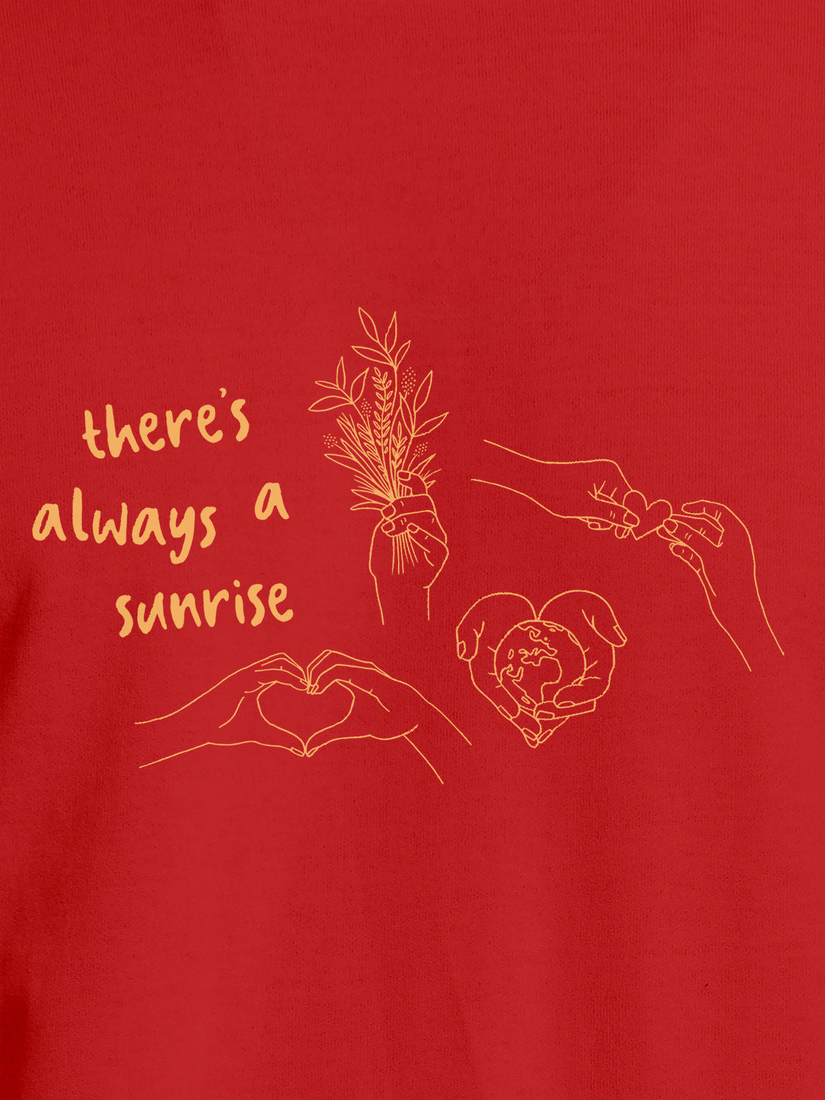 Close up of 'There's Always a Sunrise' design on Men's Red Round Neck T-shirt, highlighting intricate details and vibrant print.