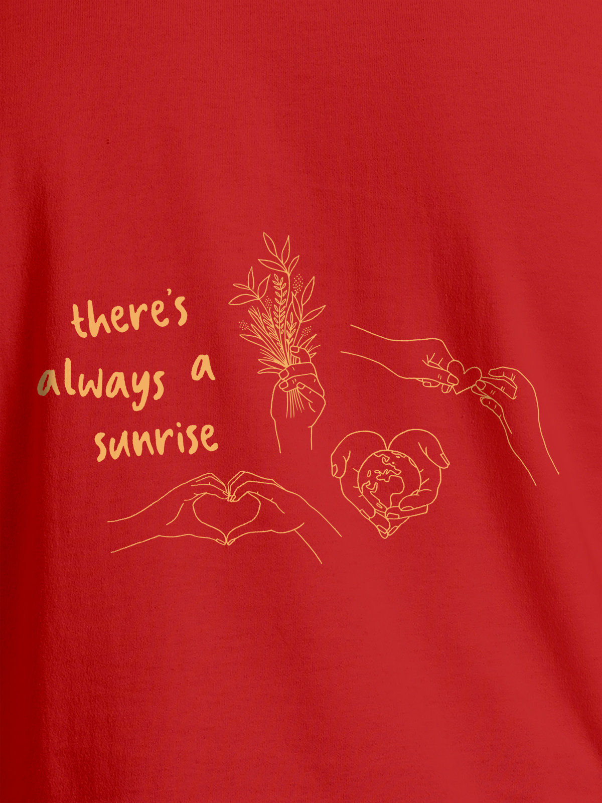 Close up of 'There's Always a Sunrise' design on Women's Red Round Neck T-shirt, highlighting intricate details and vibrant print.