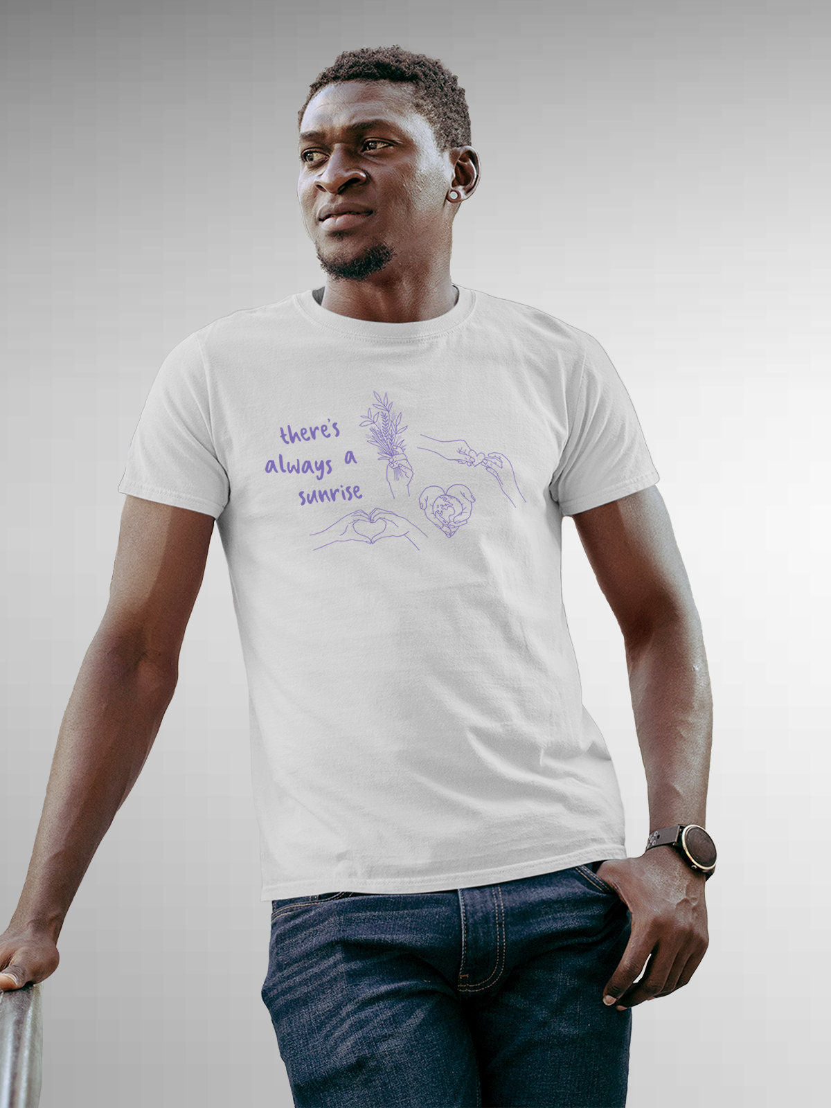 Model wearing Men's White Round Neck T-shirt with 'There's Always a Sunrise' design, offering effortless style and premium comfort