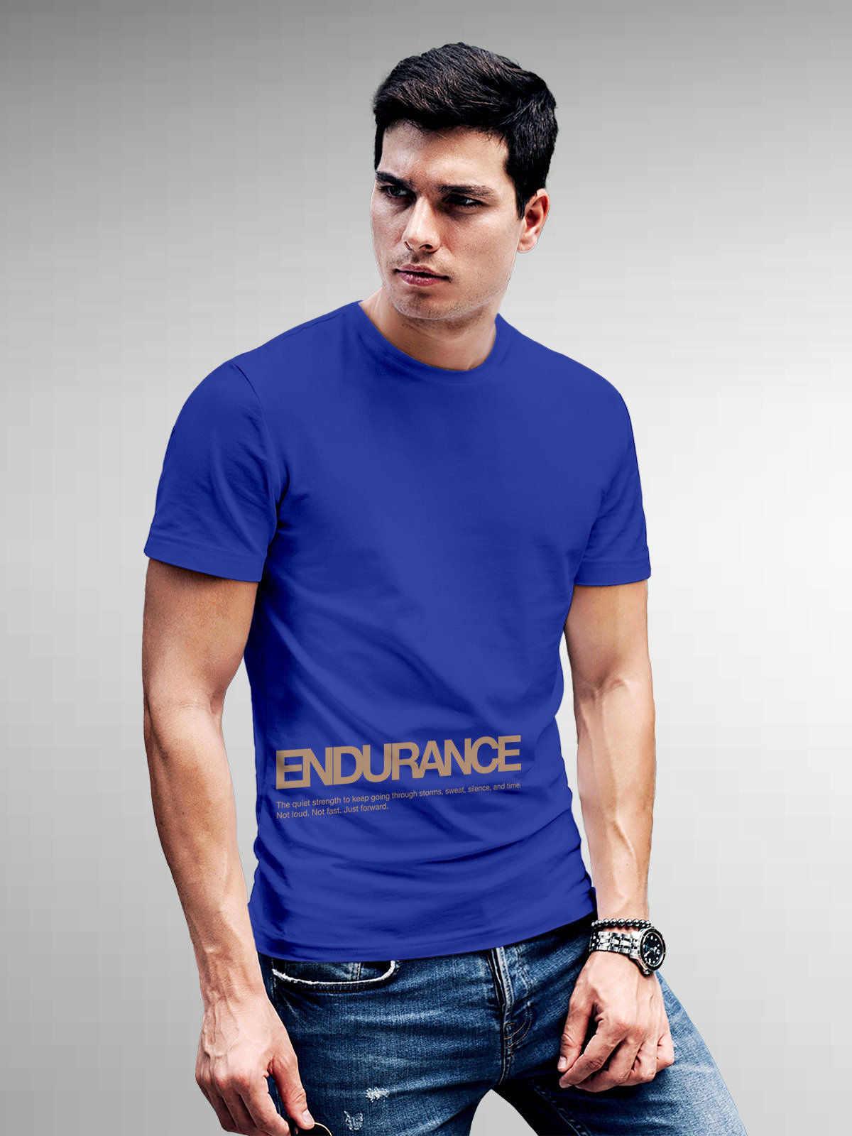 Model wearing Men's Blue Round Neck T-shirt with 'Endurance' design, offering effortless style and premium comfort
