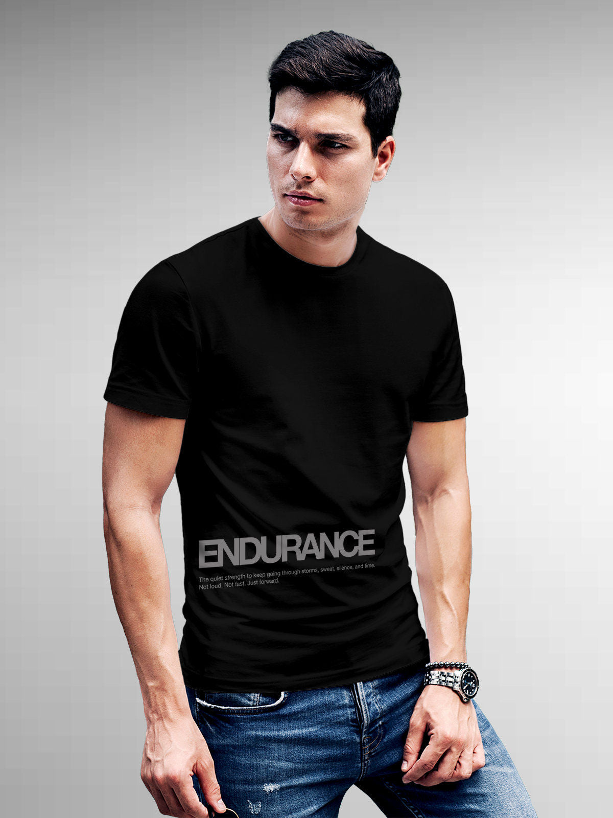 Model wearing Men's Black Round Neck T-shirt with 'Endurance' design, offering effortless style and premium comfort