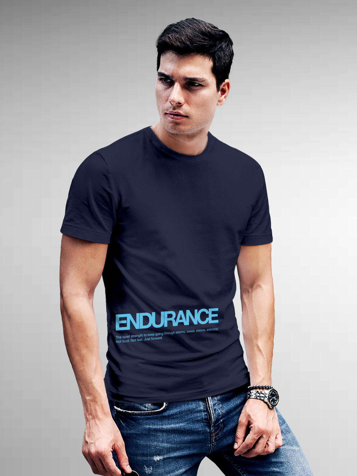 Model wearing Men's Navy Blue Round Neck T-shirt with 'Endurance' design, offering effortless style and premium comfort