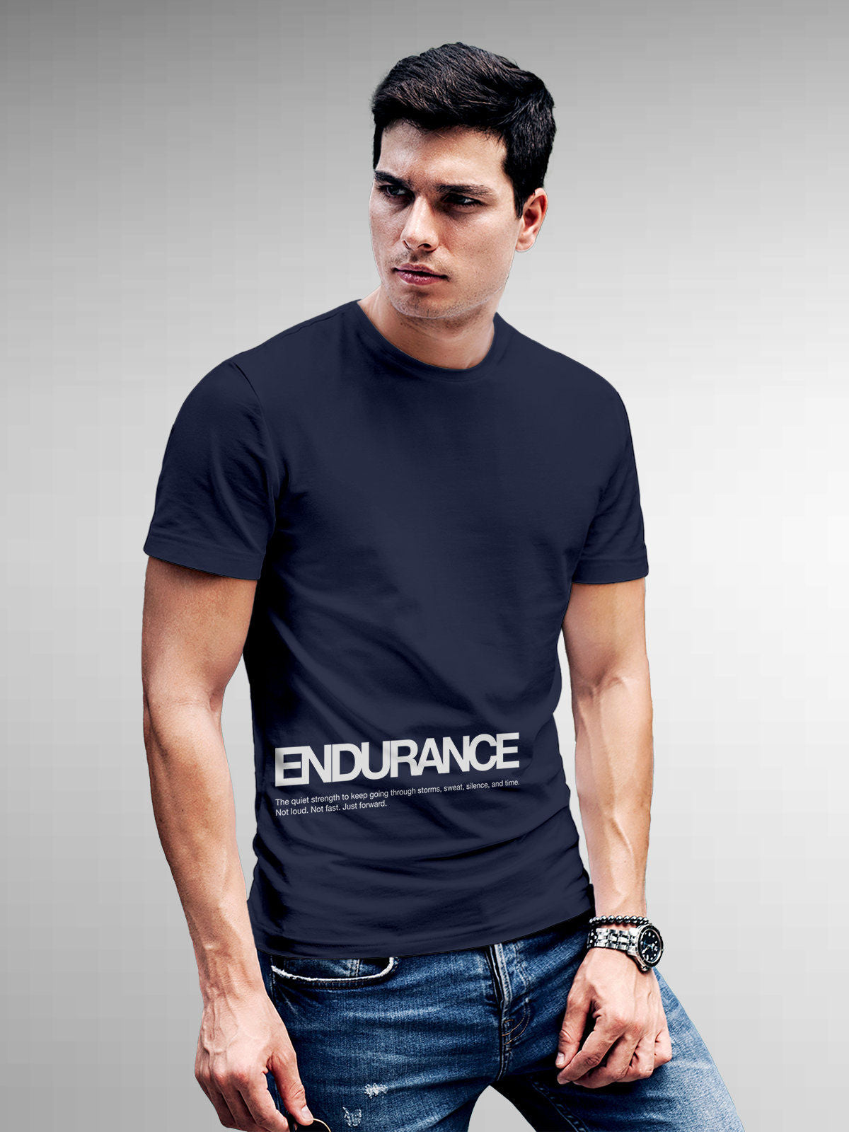 Model wearing Men's Navy Blue Round Neck T-shirt with 'Endurance' design, offering effortless style and premium comfort