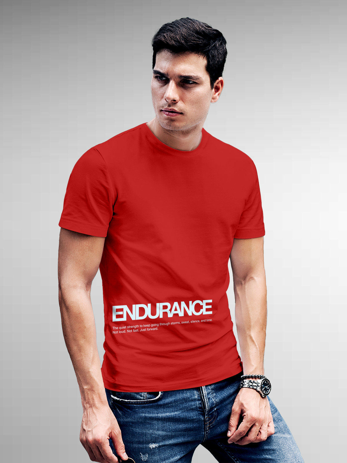 Model wearing Men's Red Round Neck T-shirt with 'Endurance' design, offering effortless style and premium comfort