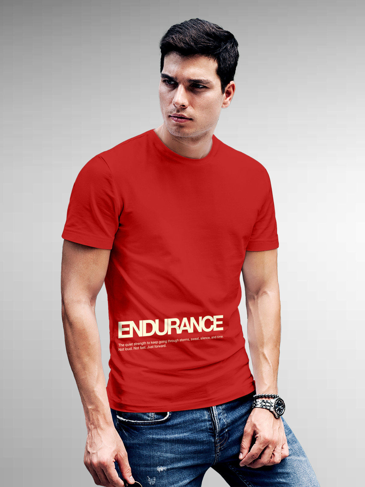 Model wearing Men's Red Round Neck T-shirt with 'Endurance' design, offering effortless style and premium comfort