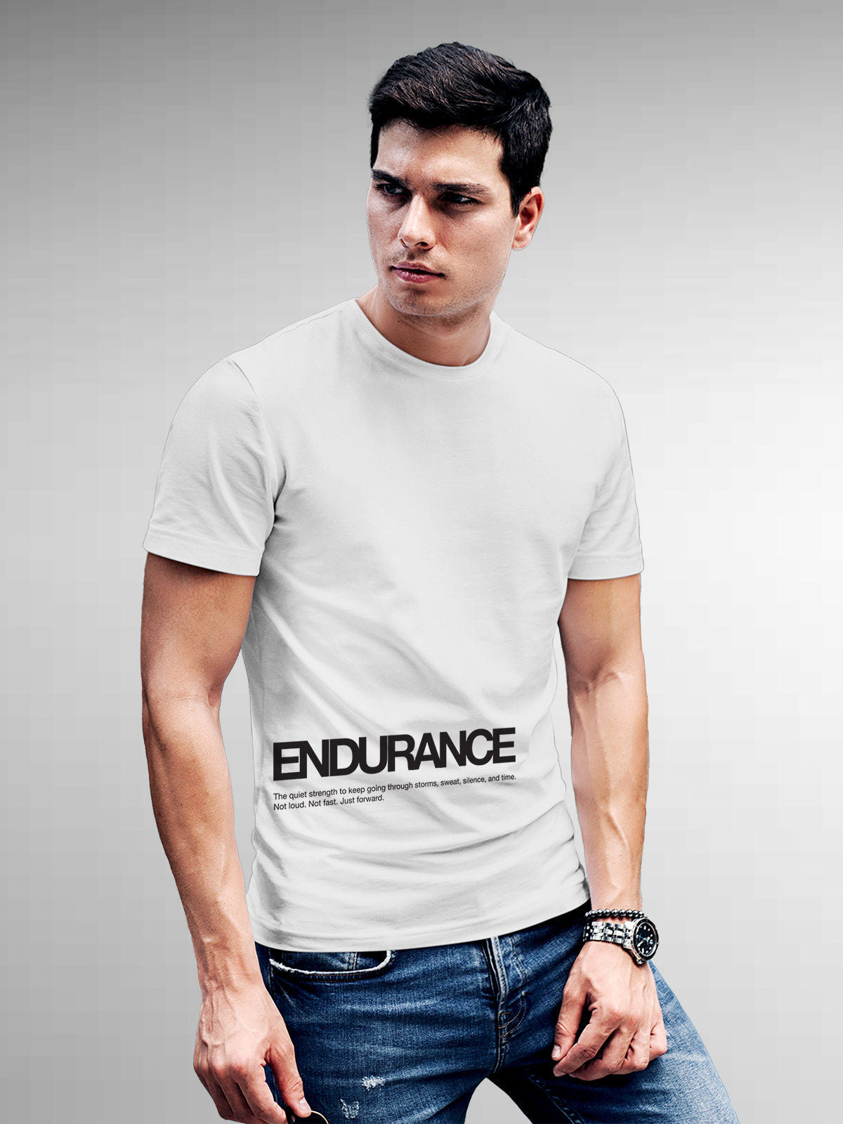 Model wearing Men's White Round Neck T-shirt with 'Endurance' design, offering effortless style and premium comfort