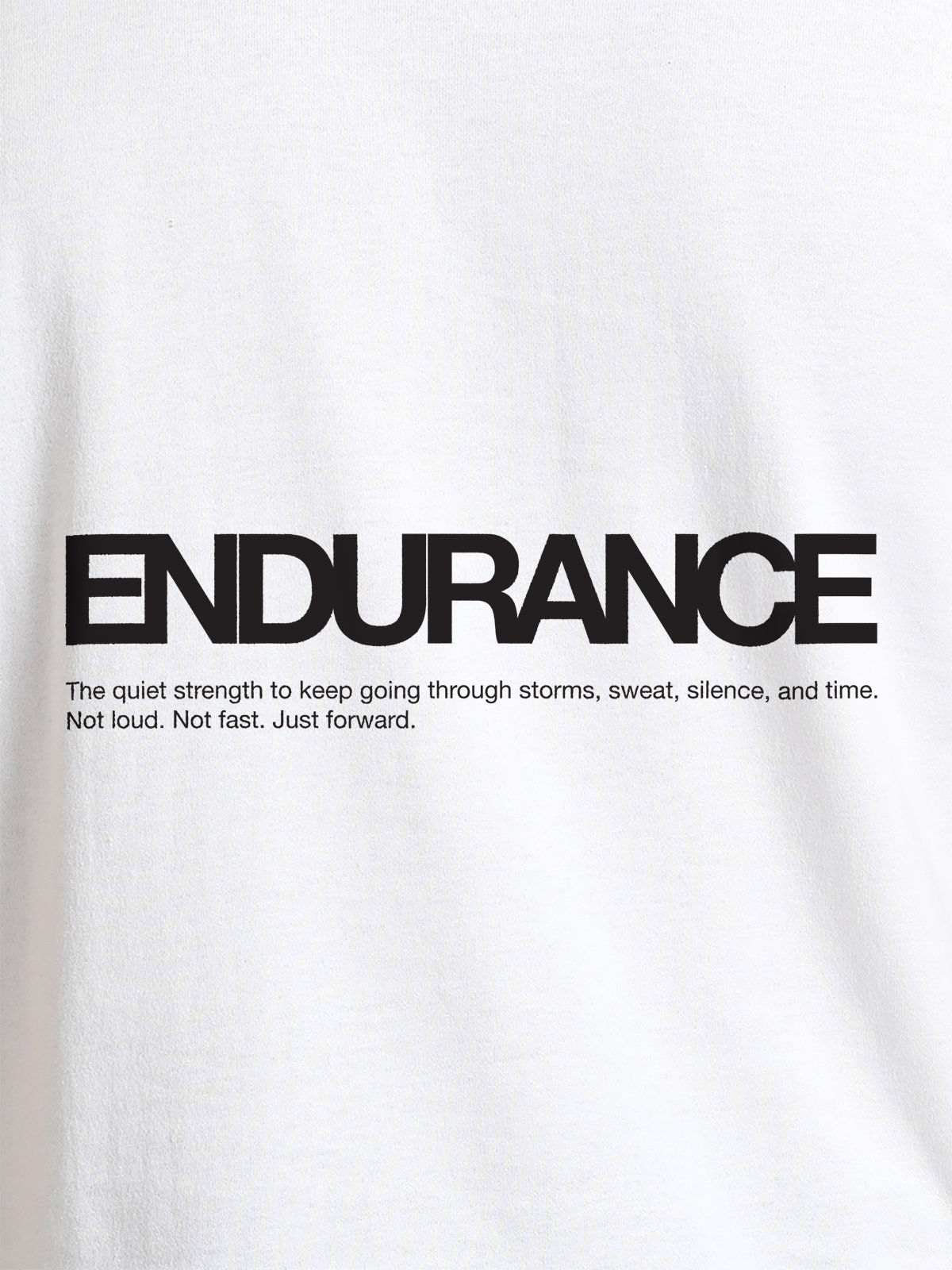Close up of 'Endurance' design on Men's White Round Neck T-shirt, highlighting intricate details and vibrant print.