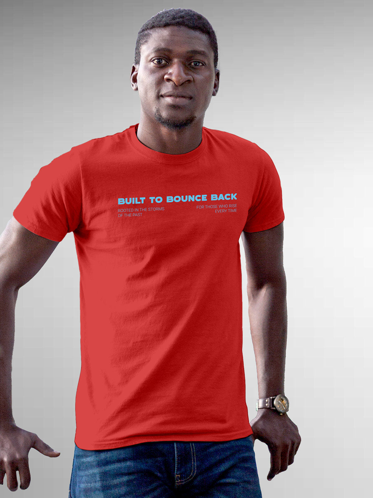Model wearing Men's Red Round Neck T-shirt with 'Built To Bounce Back' design, offering effortless style and premium comfort