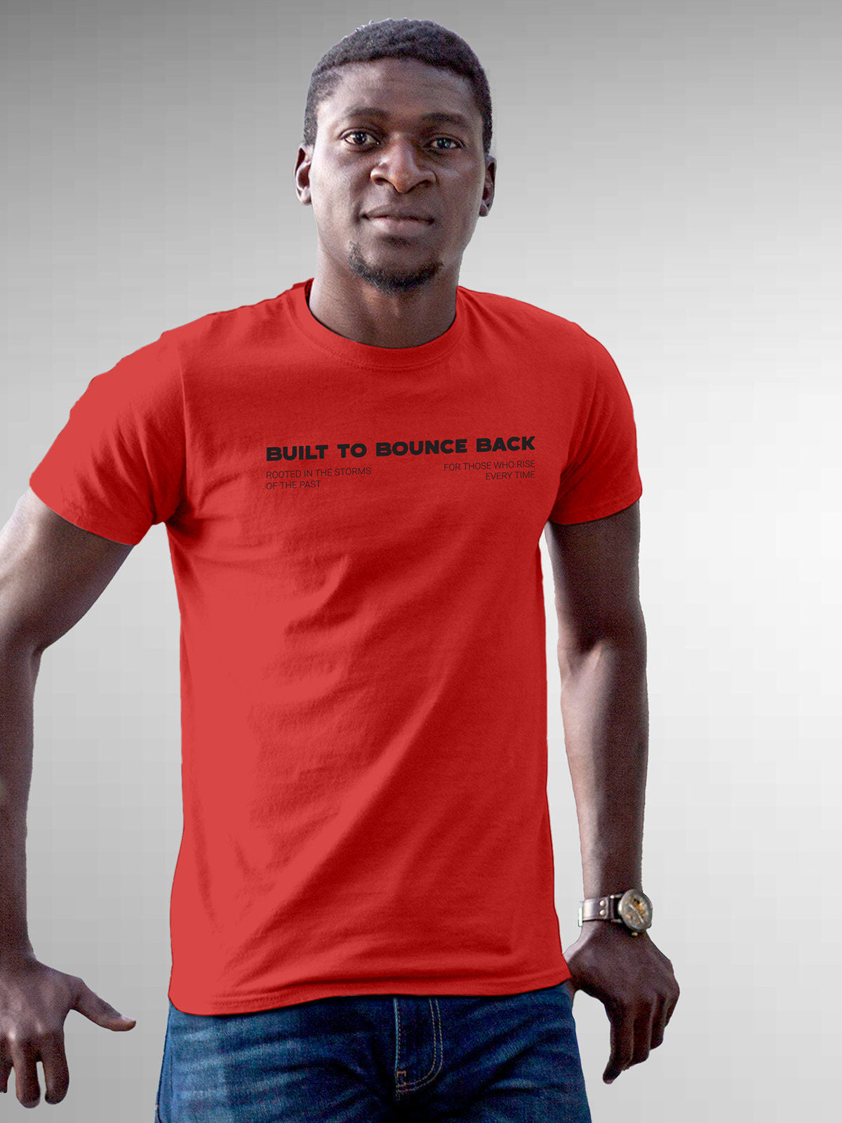 Model wearing Men's Red Round Neck T-shirt with 'Built To Bounce Back' design, offering effortless style and premium comfort