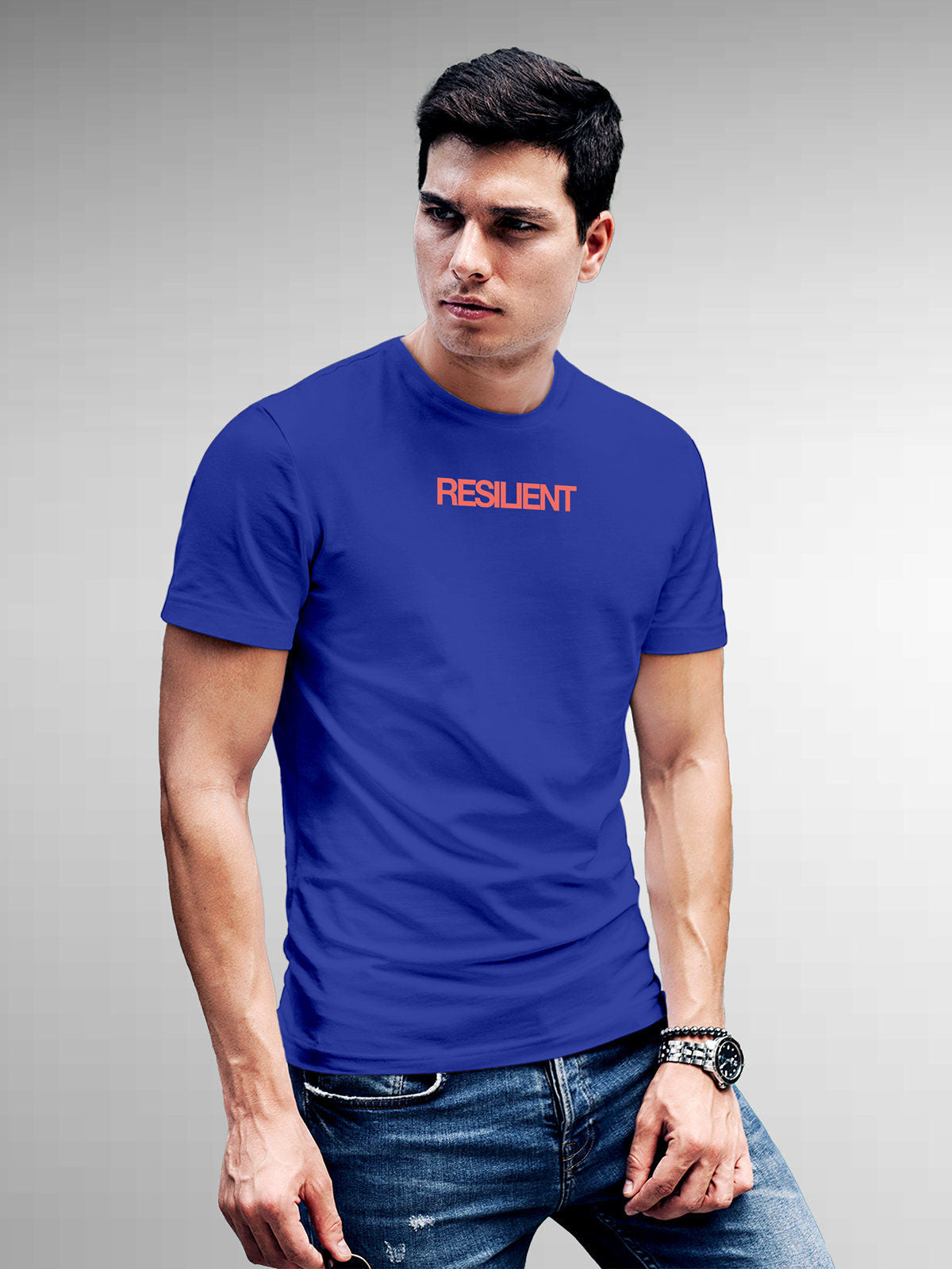Model wearing Men's Blue Round Neck T-shirt with 'Resilient' design, offering effortless style and premium comfort