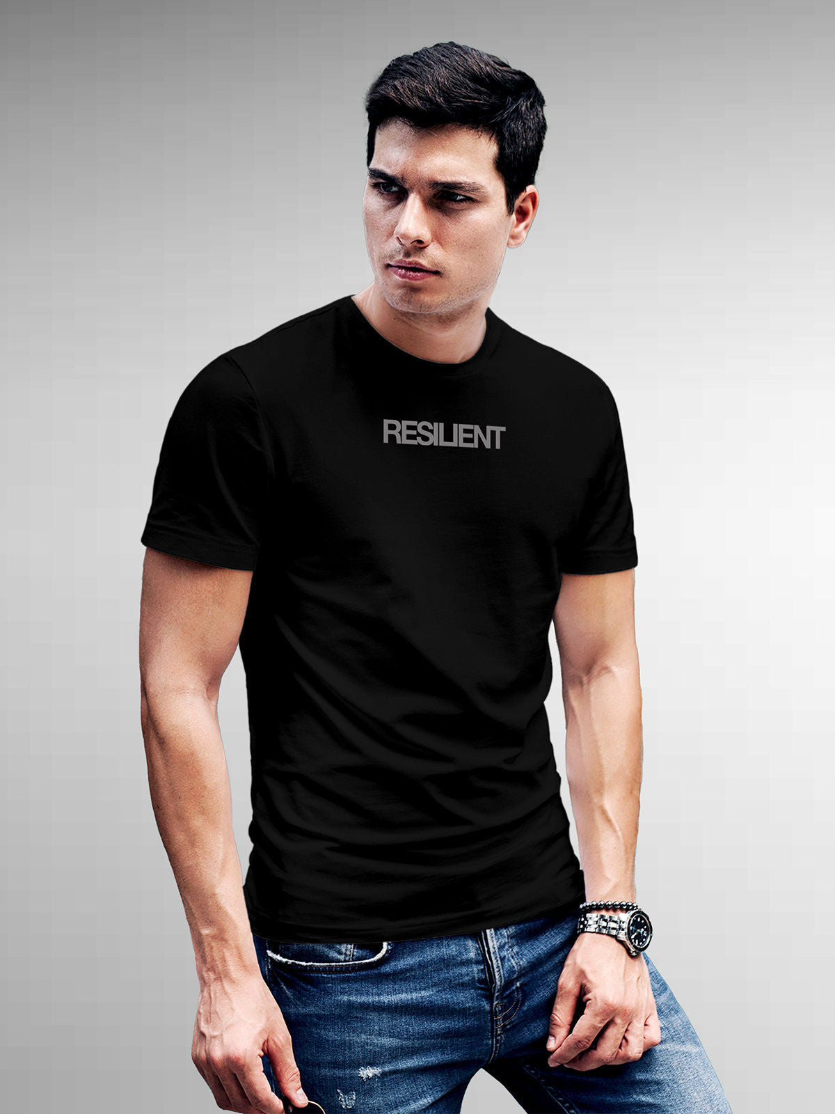 Model wearing Men's Black Round Neck T-shirt with 'Resilient' design, offering effortless style and premium comfort