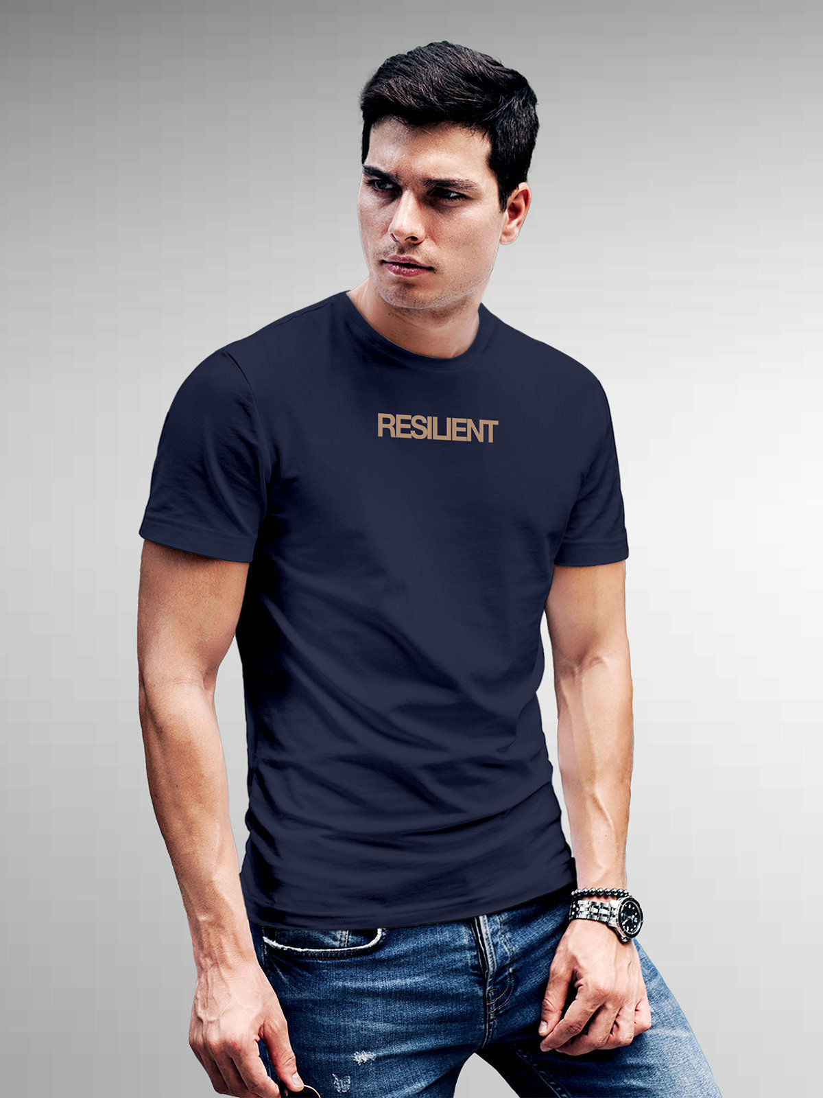 Model wearing Men's Navy Blue Round Neck T-shirt with 'Resilient' design, offering effortless style and premium comfort
