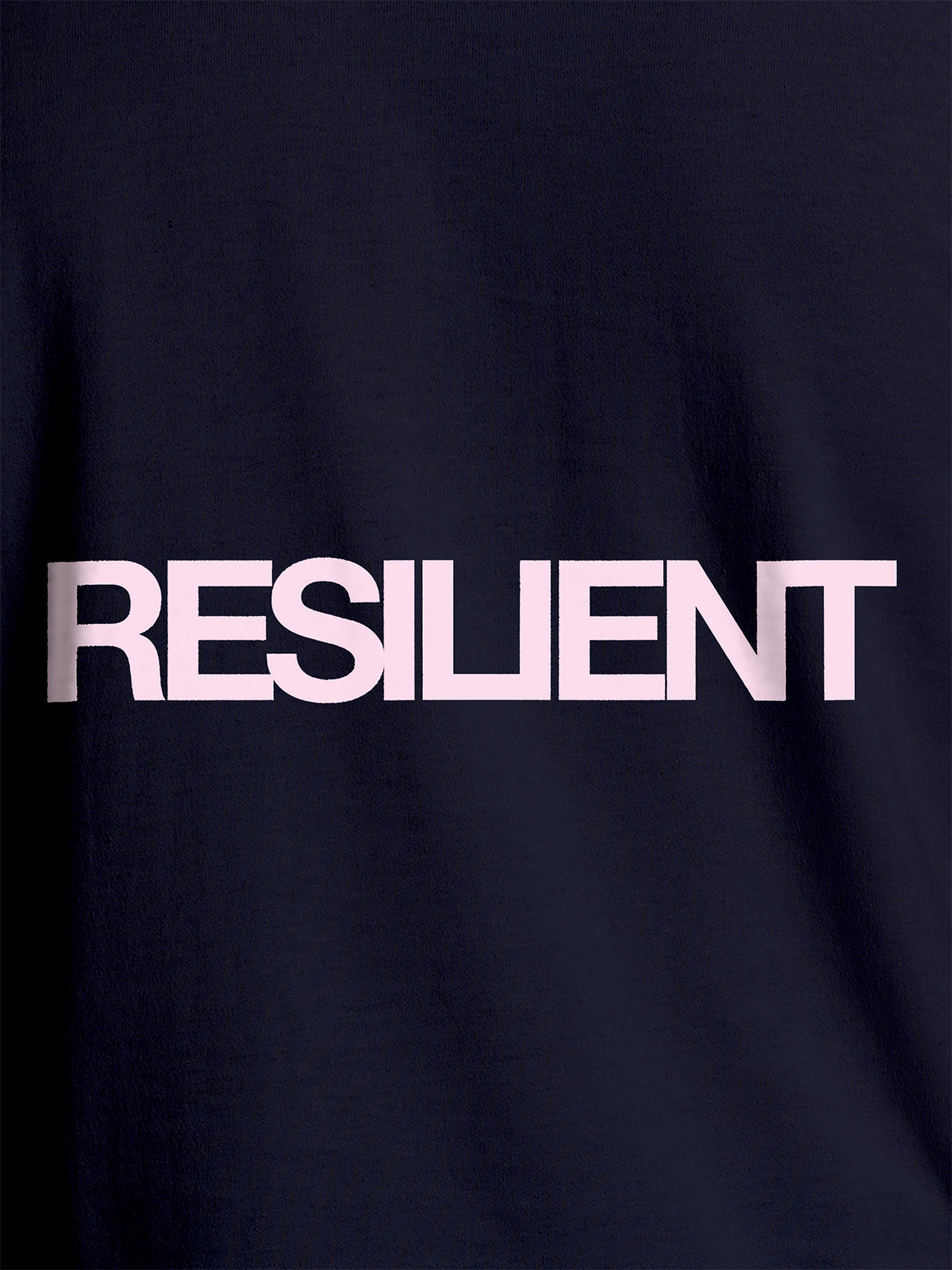 Close up of 'Resilient' design on Men's Navy Blue Round Neck T-shirt, highlighting intricate details and vibrant print.