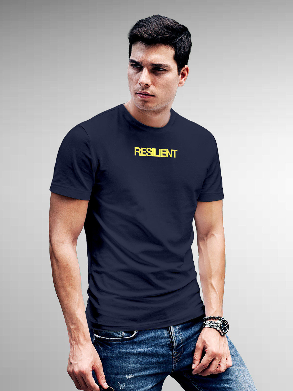 Model wearing Men's Navy Blue Round Neck T-shirt with 'Resilient' design, offering effortless style and premium comfort