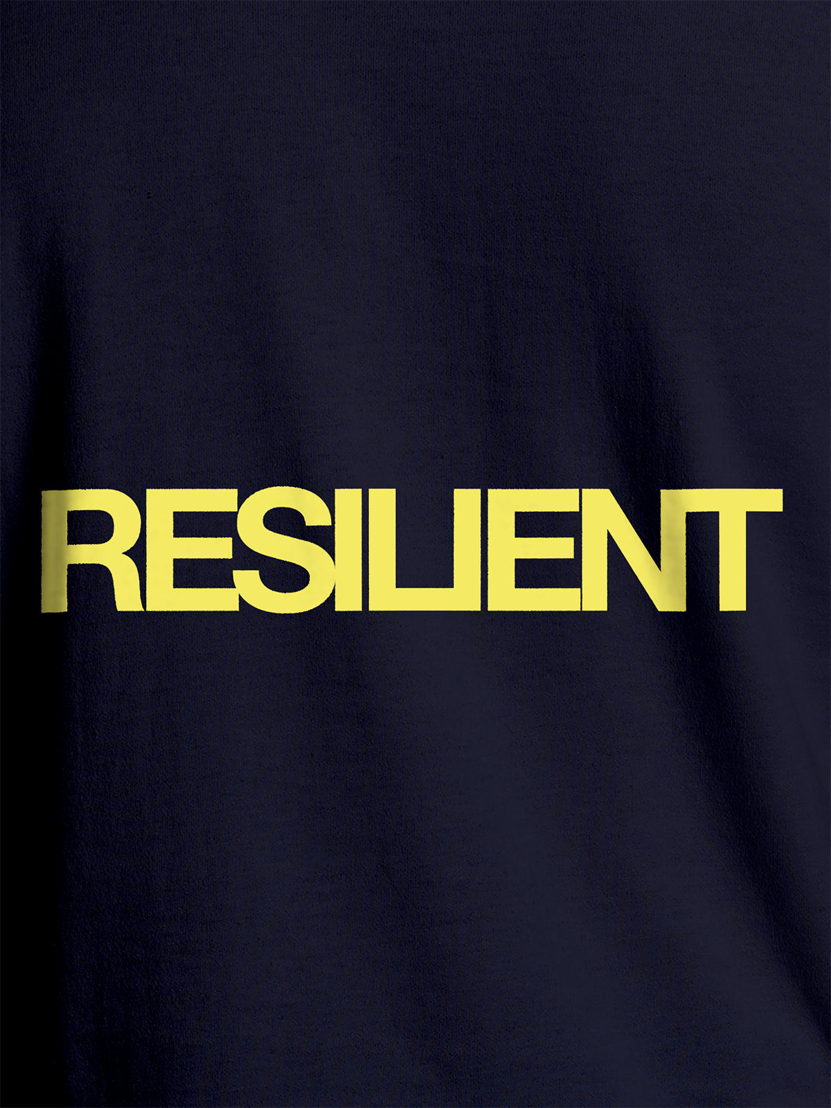 Close up of 'Resilient' design on Men's Navy Blue Round Neck T-shirt, highlighting intricate details and vibrant print.