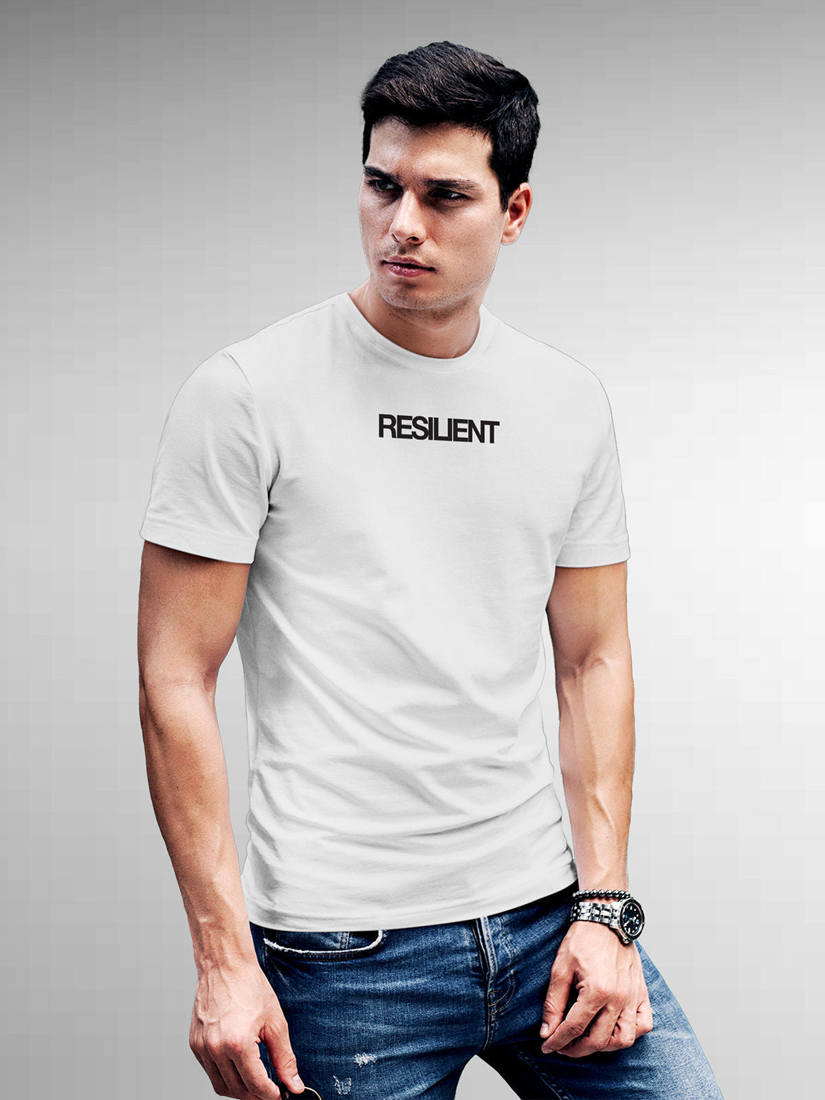 Model wearing Men's White Round Neck T-shirt with 'Resilient' design, offering effortless style and premium comfort
