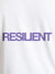 Close up of 'Resilient' design on Men's White Round Neck T-shirt, highlighting intricate details and vibrant print.