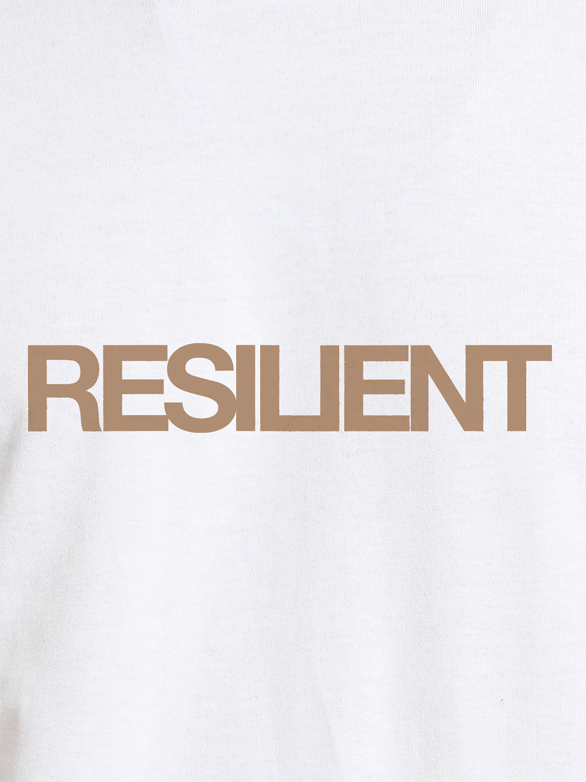 Close up of 'Resilient' design on Women's White Round Neck T-shirt, highlighting intricate details and vibrant print.