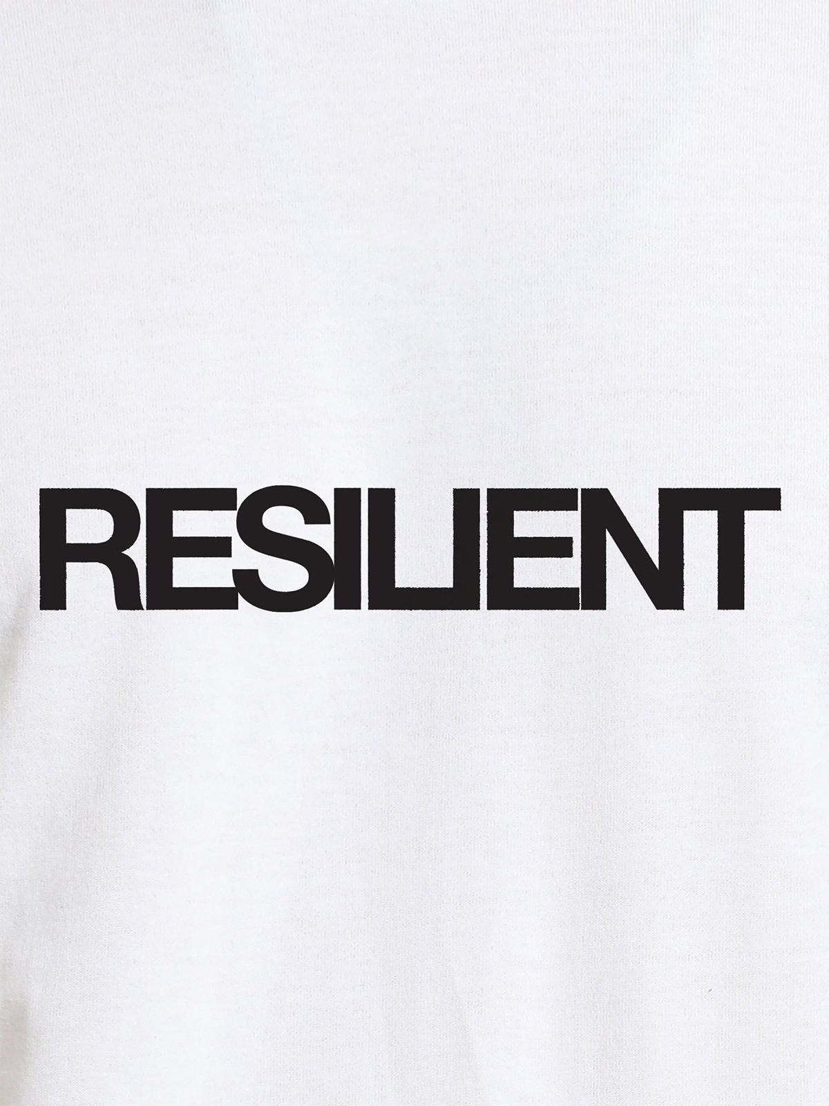 Close up of 'Resilient' design on Women's White Round Neck T-shirt, highlighting intricate details and vibrant print.