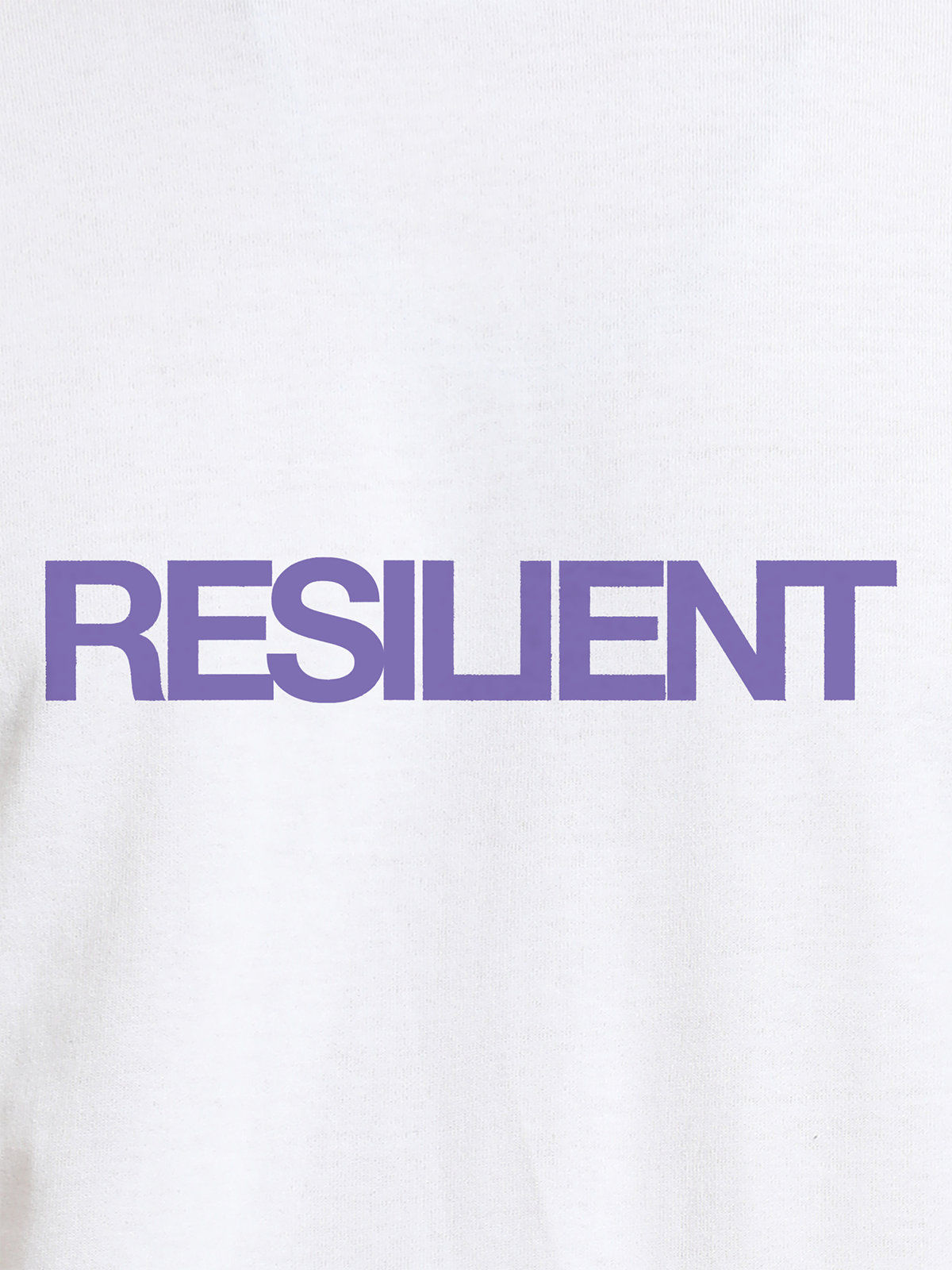 Close up of 'Resilient' design on Women's White Round Neck T-shirt, highlighting intricate details and vibrant print.