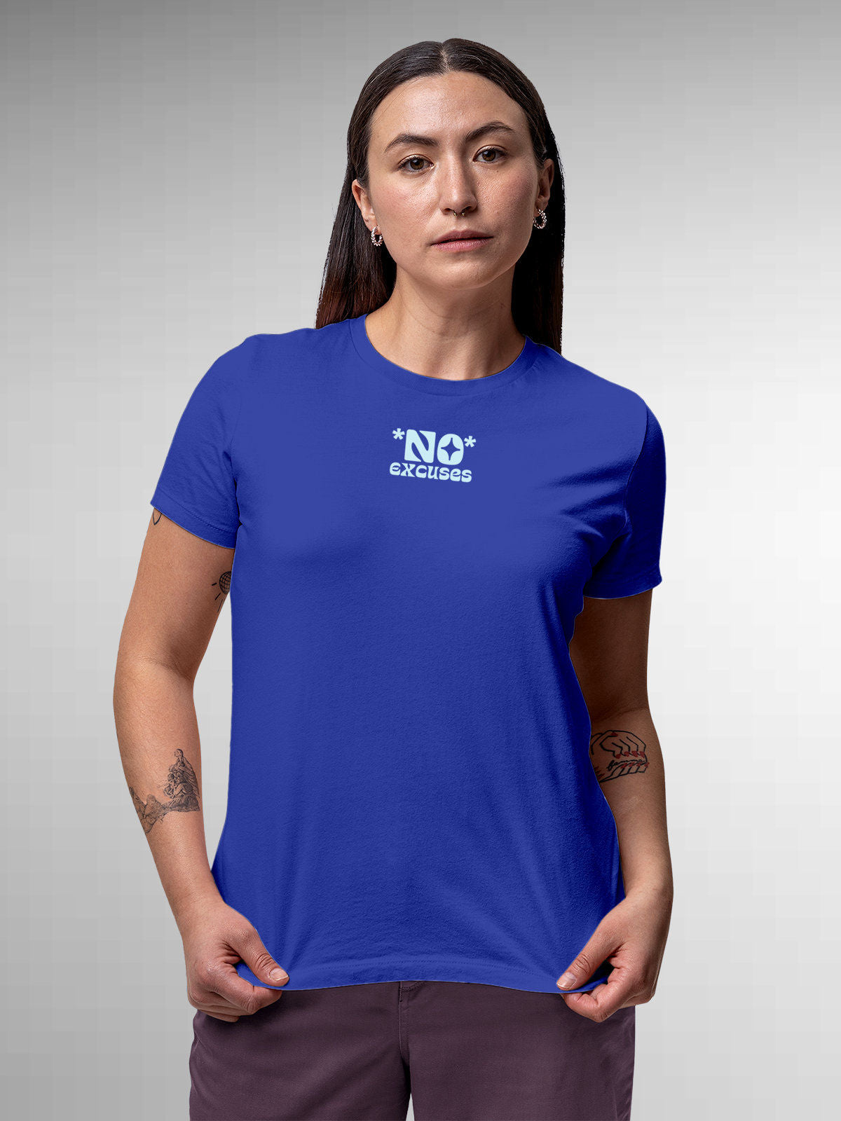Model wearing Women's Blue Round Neck T-shirt with 'No Excuses' design, offering effortless style and premium comfort