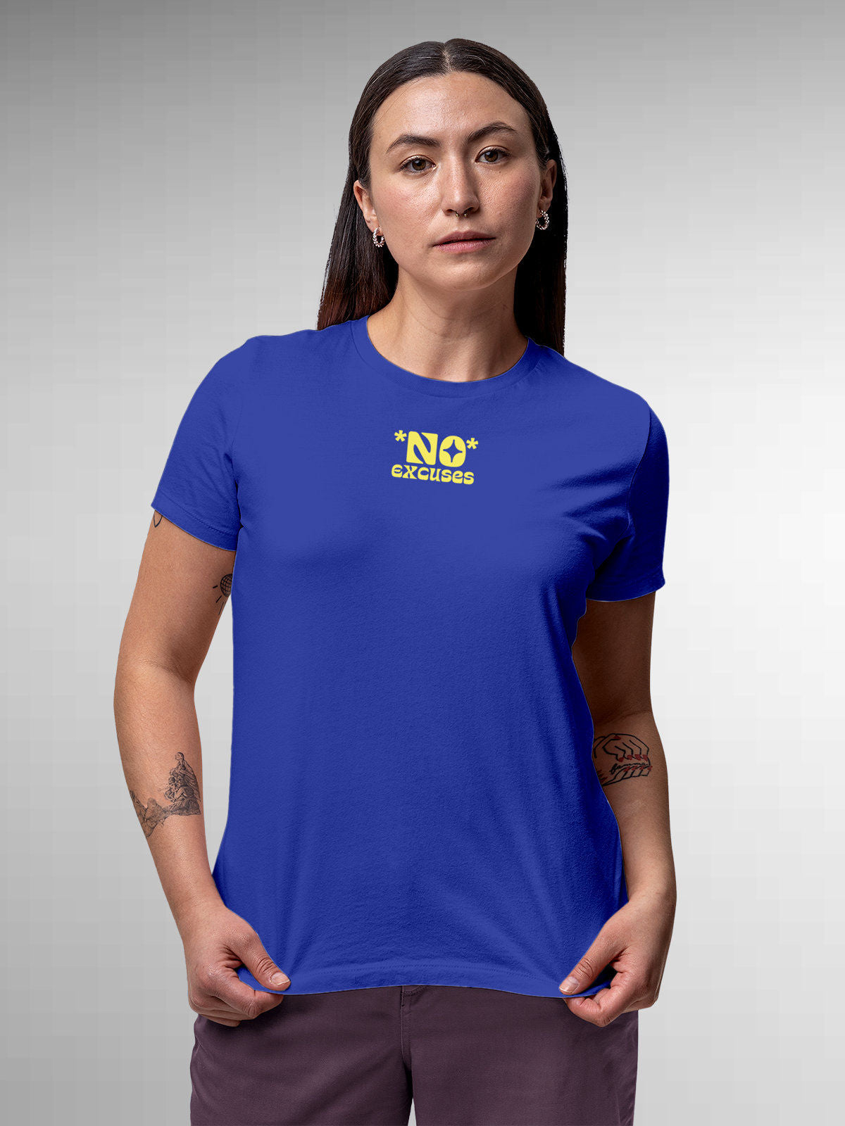 Model wearing Women's Blue Round Neck T-shirt with 'No Excuses' design, offering effortless style and premium comfort