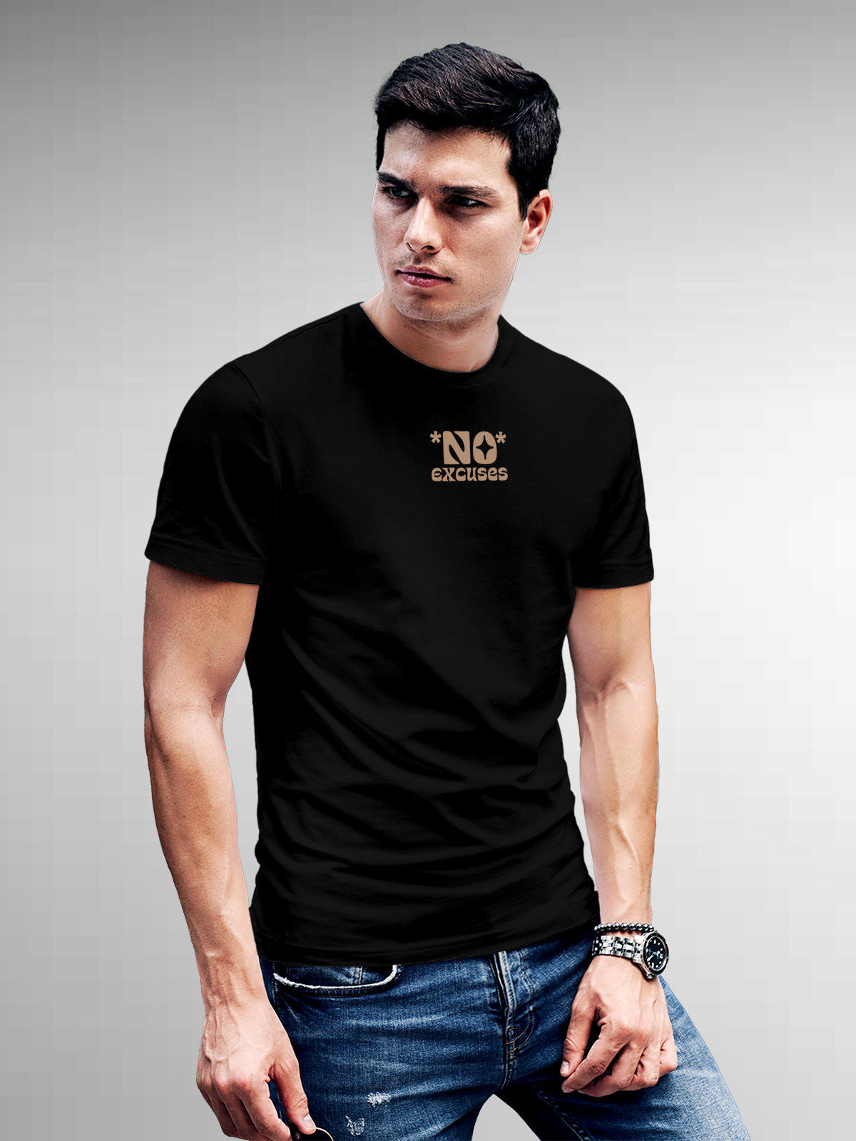 Model wearing Men's Black Round Neck T-shirt with 'No Excuses' design, offering effortless style and premium comfort