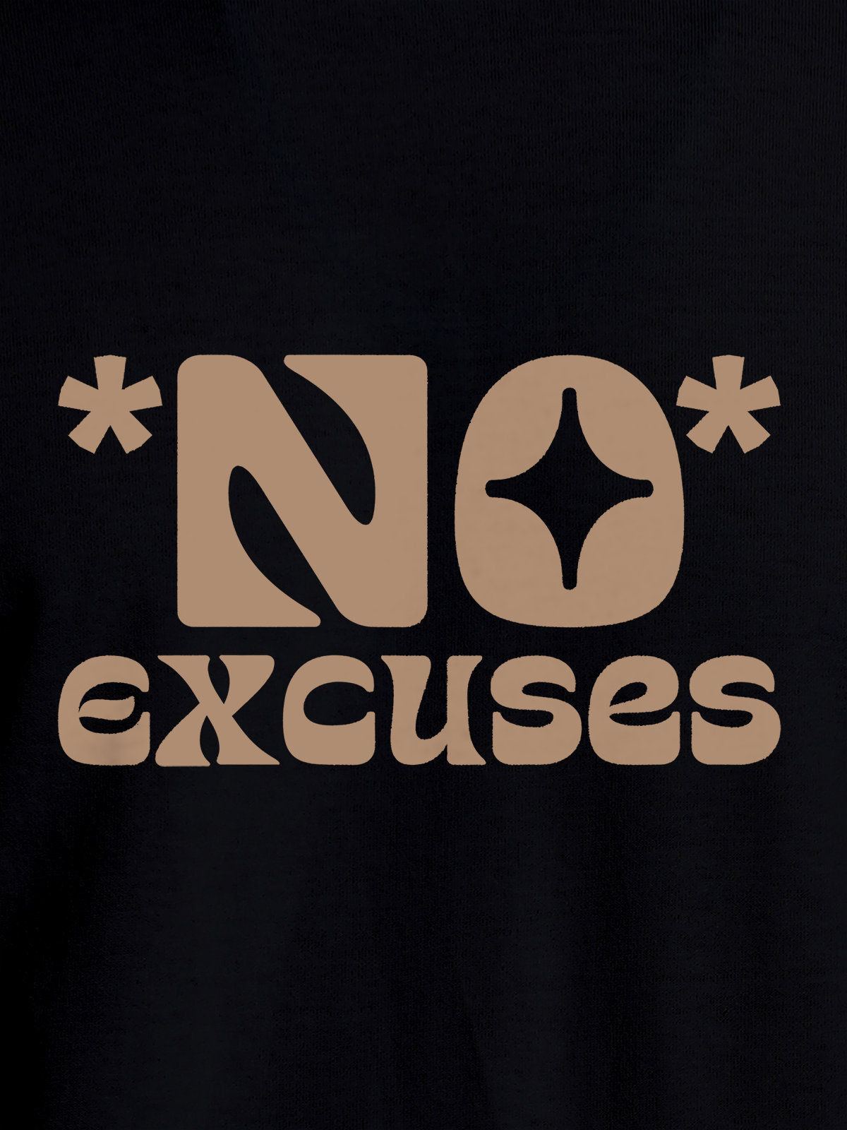 Close up of 'No Excuses' design on Men's Black Round Neck T-shirt, highlighting intricate details and vibrant print.