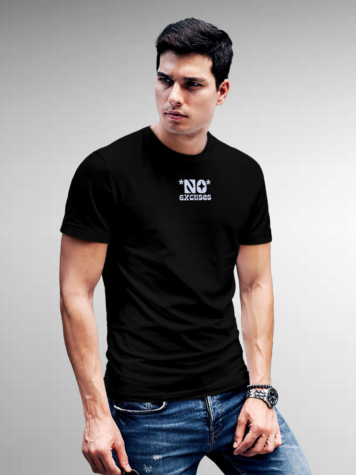 Model wearing Men's Black Round Neck T-shirt with 'No Excuses' design, offering effortless style and premium comfort