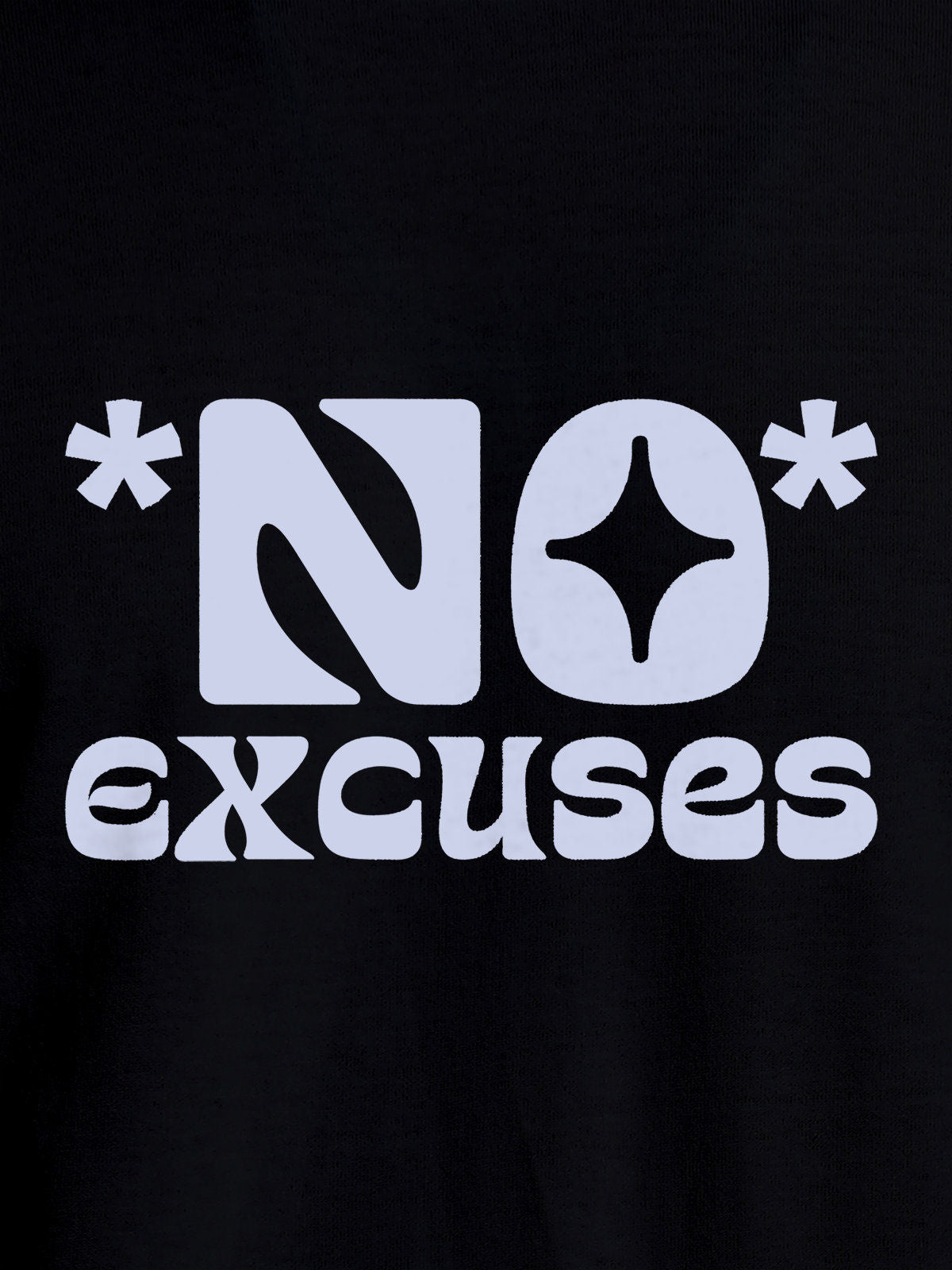 Close up of 'No Excuses' design on Men's Black Round Neck T-shirt, highlighting intricate details and vibrant print.