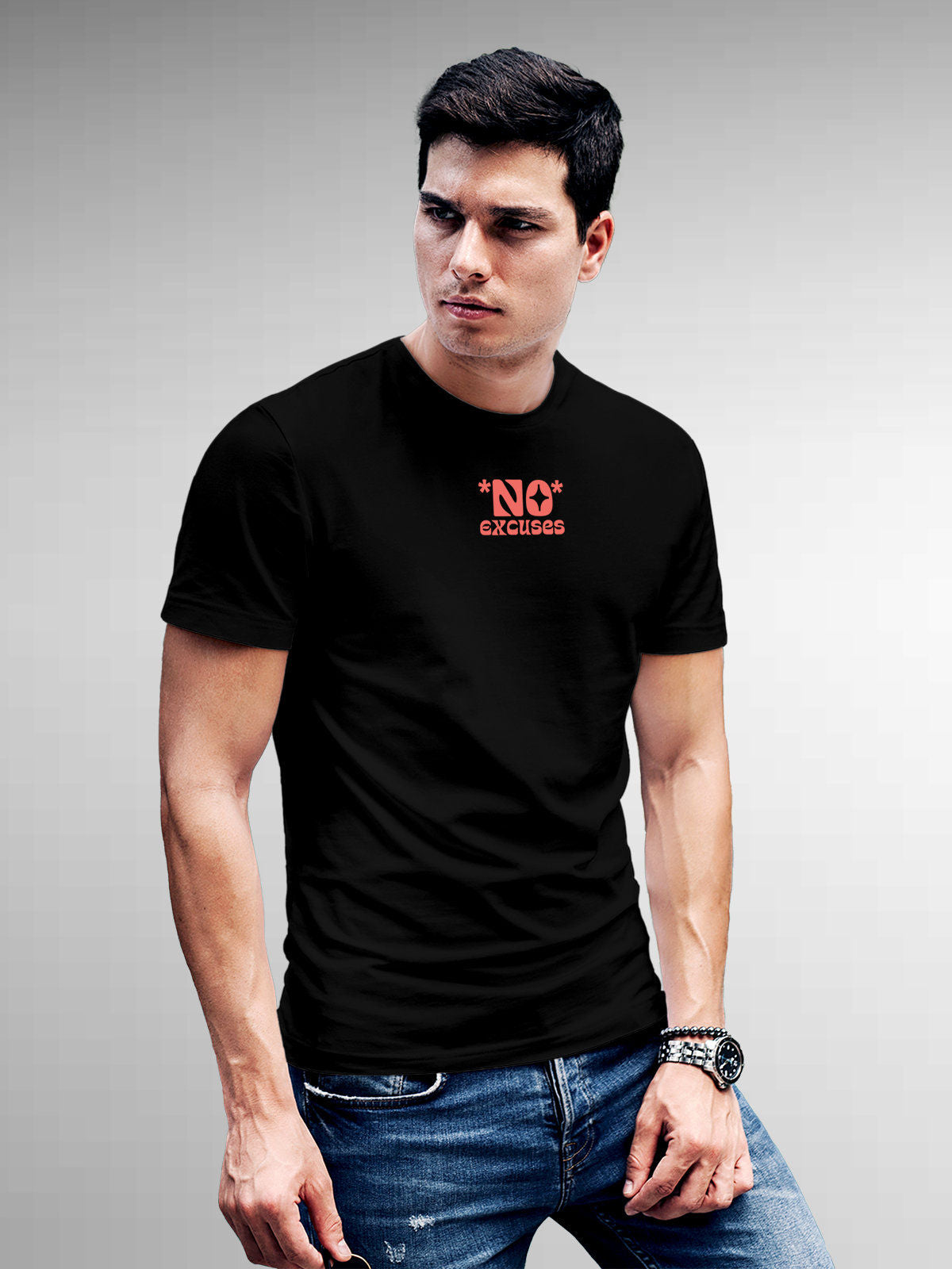 Model wearing Men's Black Round Neck T-shirt with 'No Excuses' design, offering effortless style and premium comfort