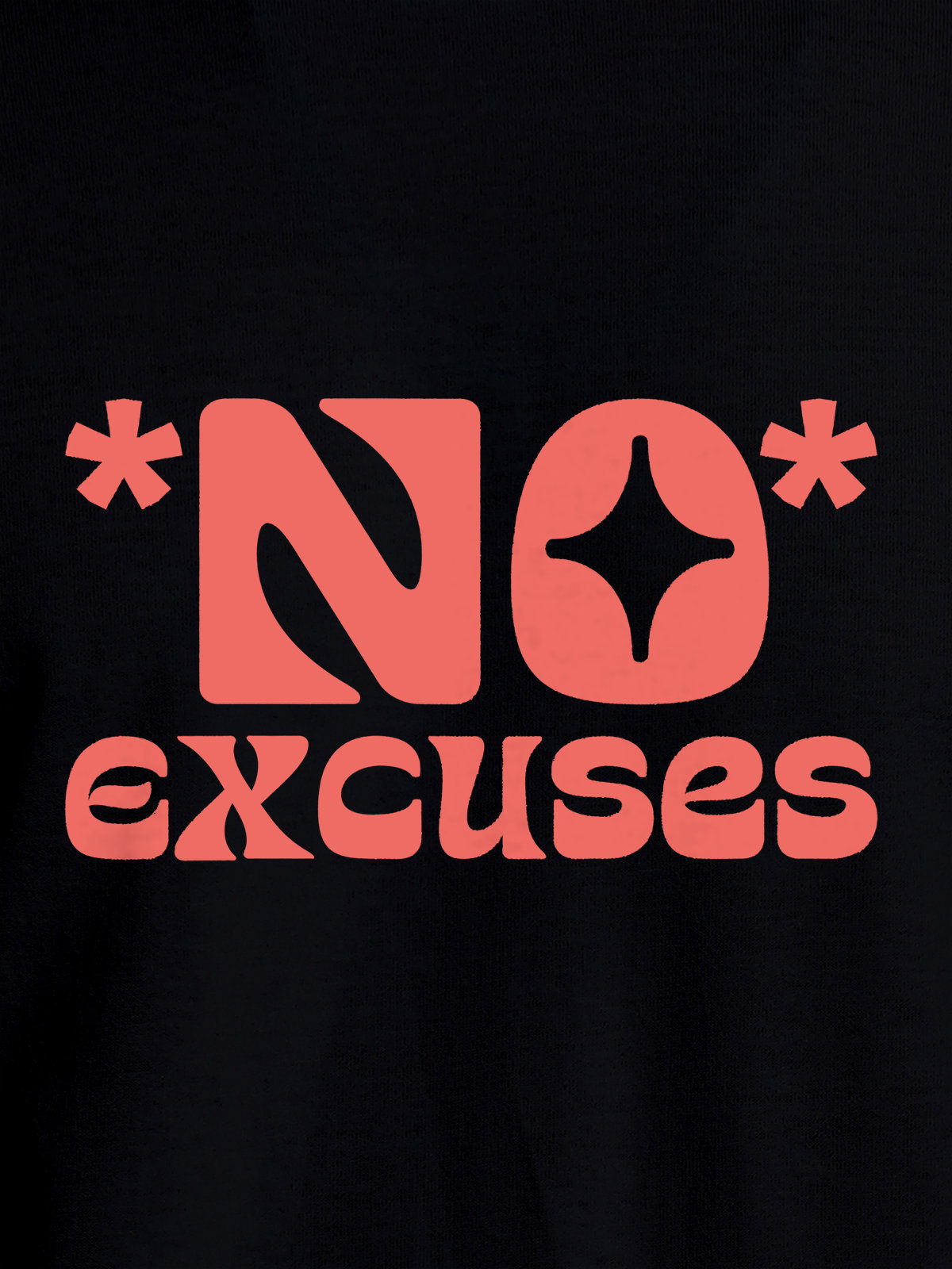 Close up of 'No Excuses' design on Men's Black Round Neck T-shirt, highlighting intricate details and vibrant print.