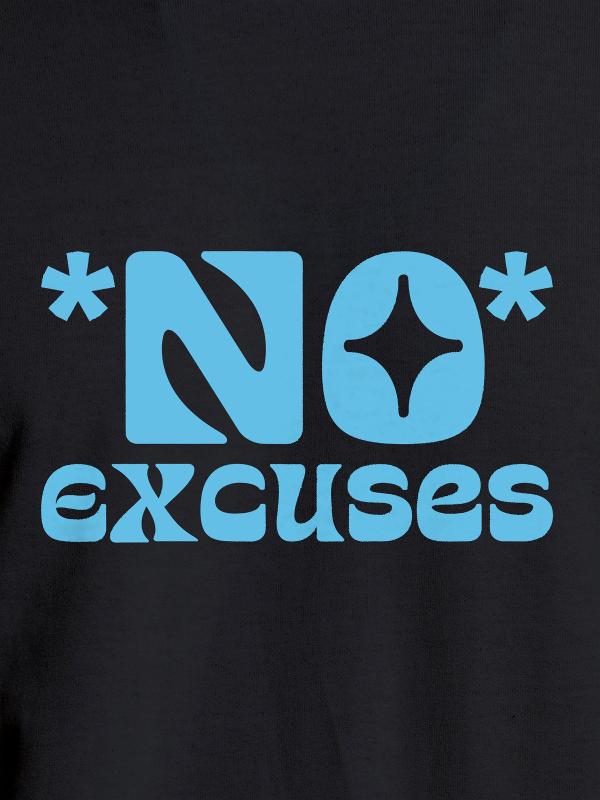Close up of 'No Excuses' design on Men's Dark Grey Round Neck T-shirt, highlighting intricate details and vibrant print.