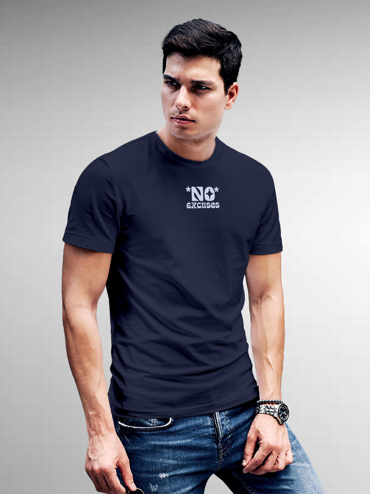Model wearing Men's Navy Blue Round Neck T-shirt with 'No Excuses' design, offering effortless style and premium comfort
