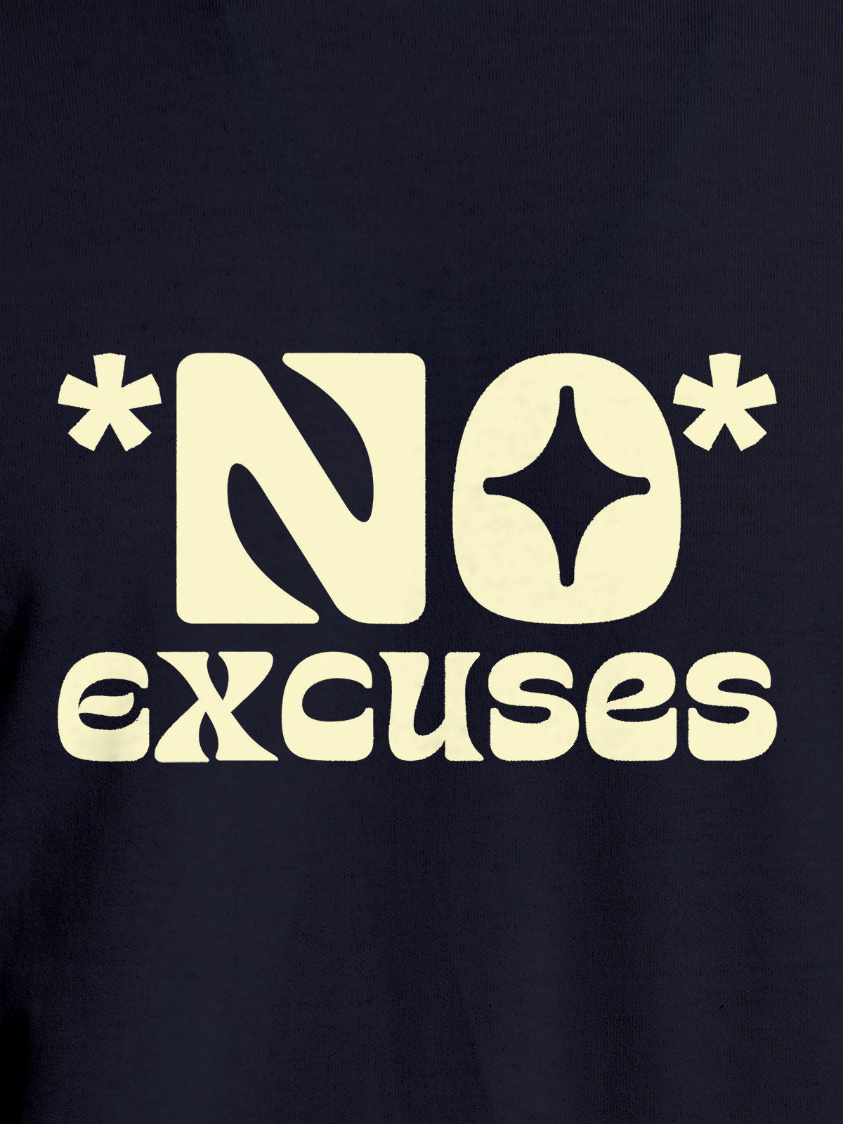 Close up of 'No Excuses' design on Men's Navy Blue Round Neck T-shirt, highlighting intricate details and vibrant print.
