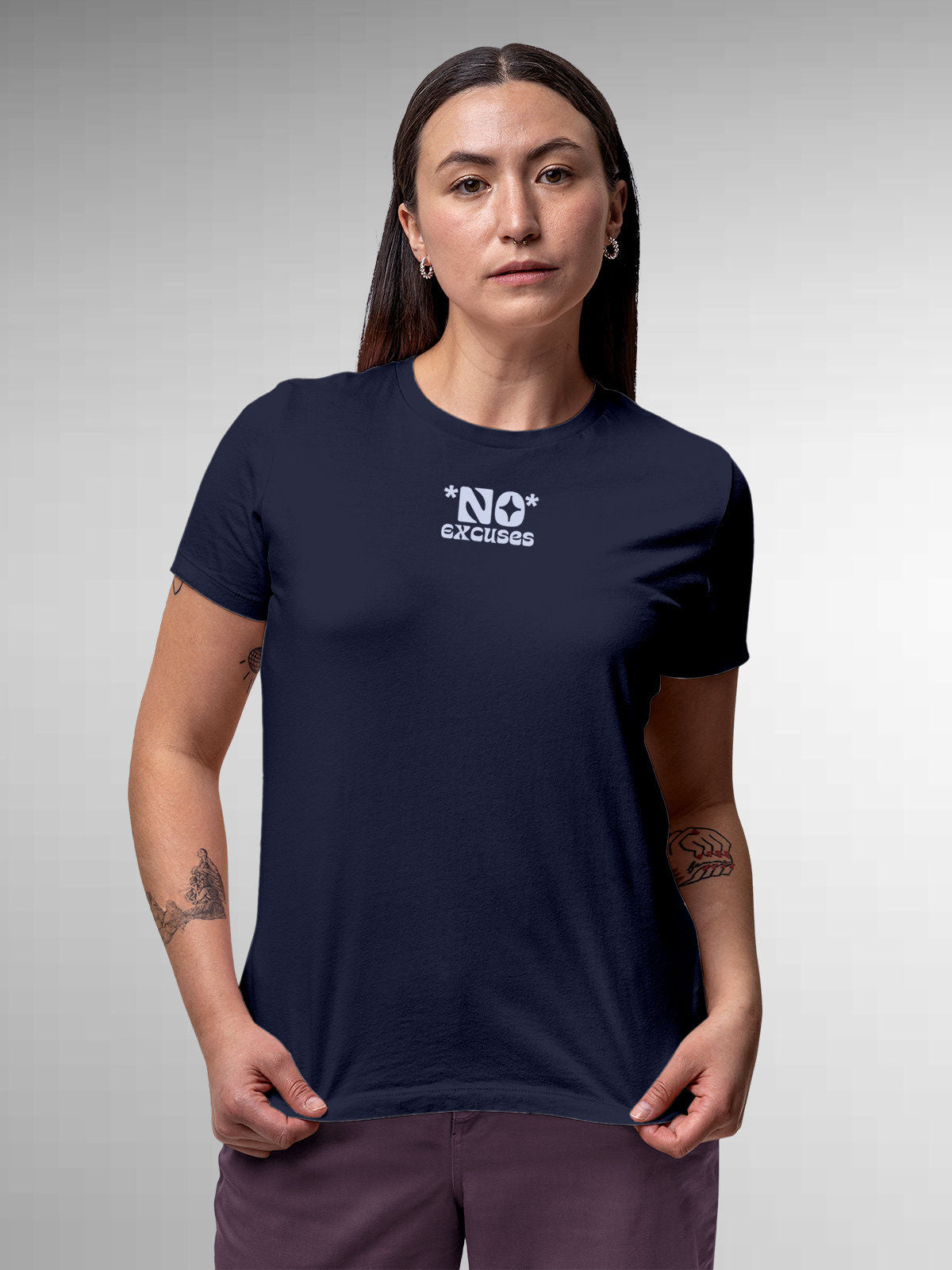 Model wearing Women's Navy Blue Round Neck T-shirt with 'No Excuses' design, offering effortless style and premium comfort