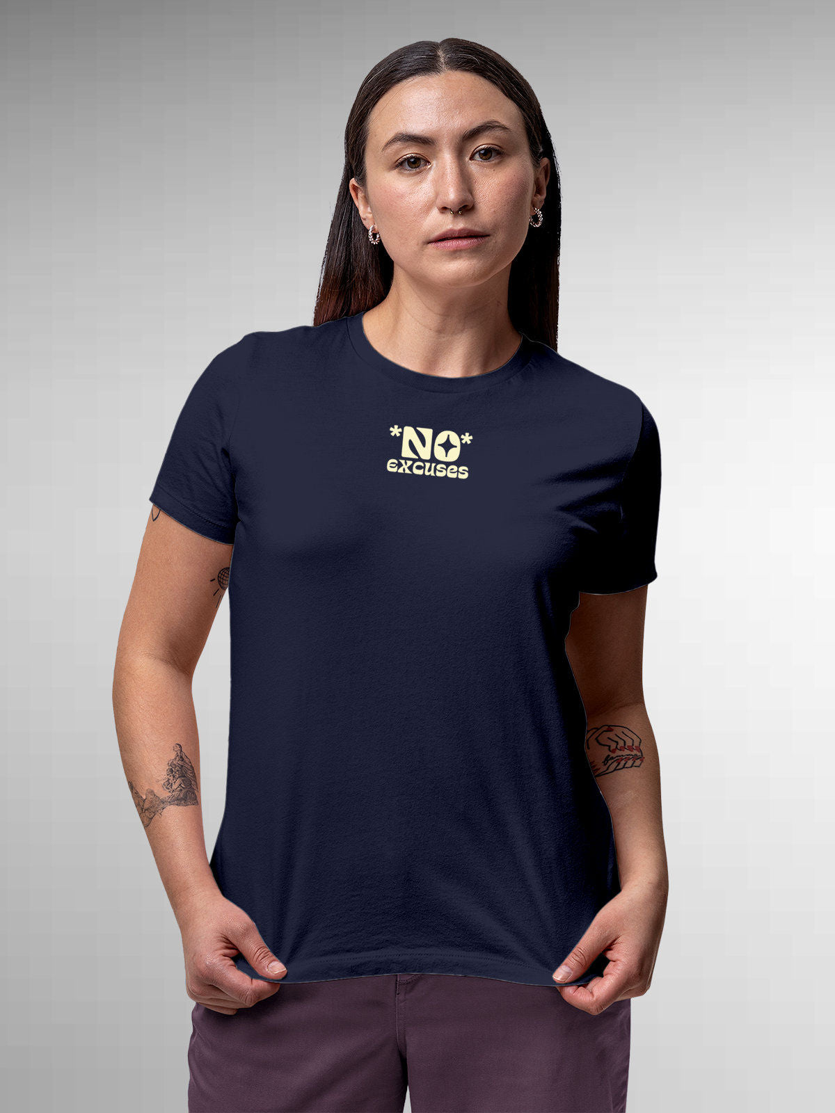 Model wearing Women's Navy Blue Round Neck T-shirt with 'No Excuses' design, offering effortless style and premium comfort