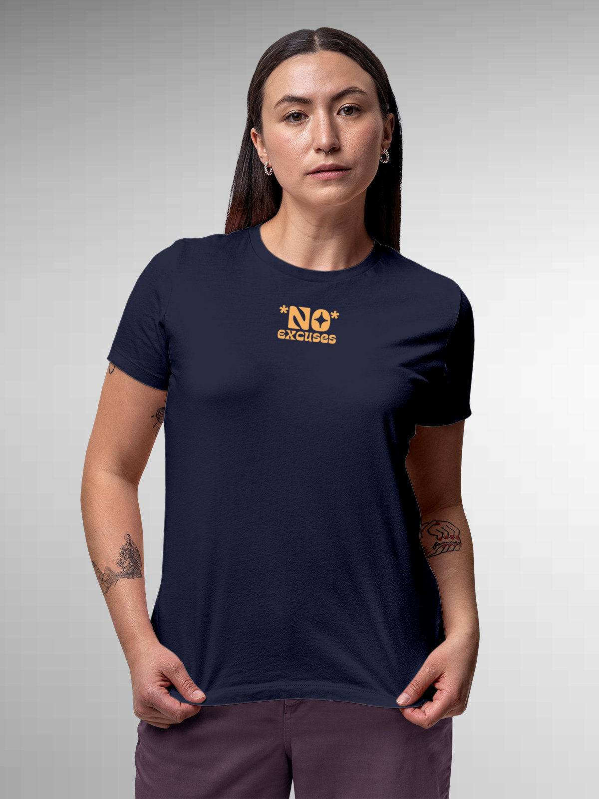 Model wearing Women's Navy Blue Round Neck T-shirt with 'No Excuses' design, offering effortless style and premium comfort