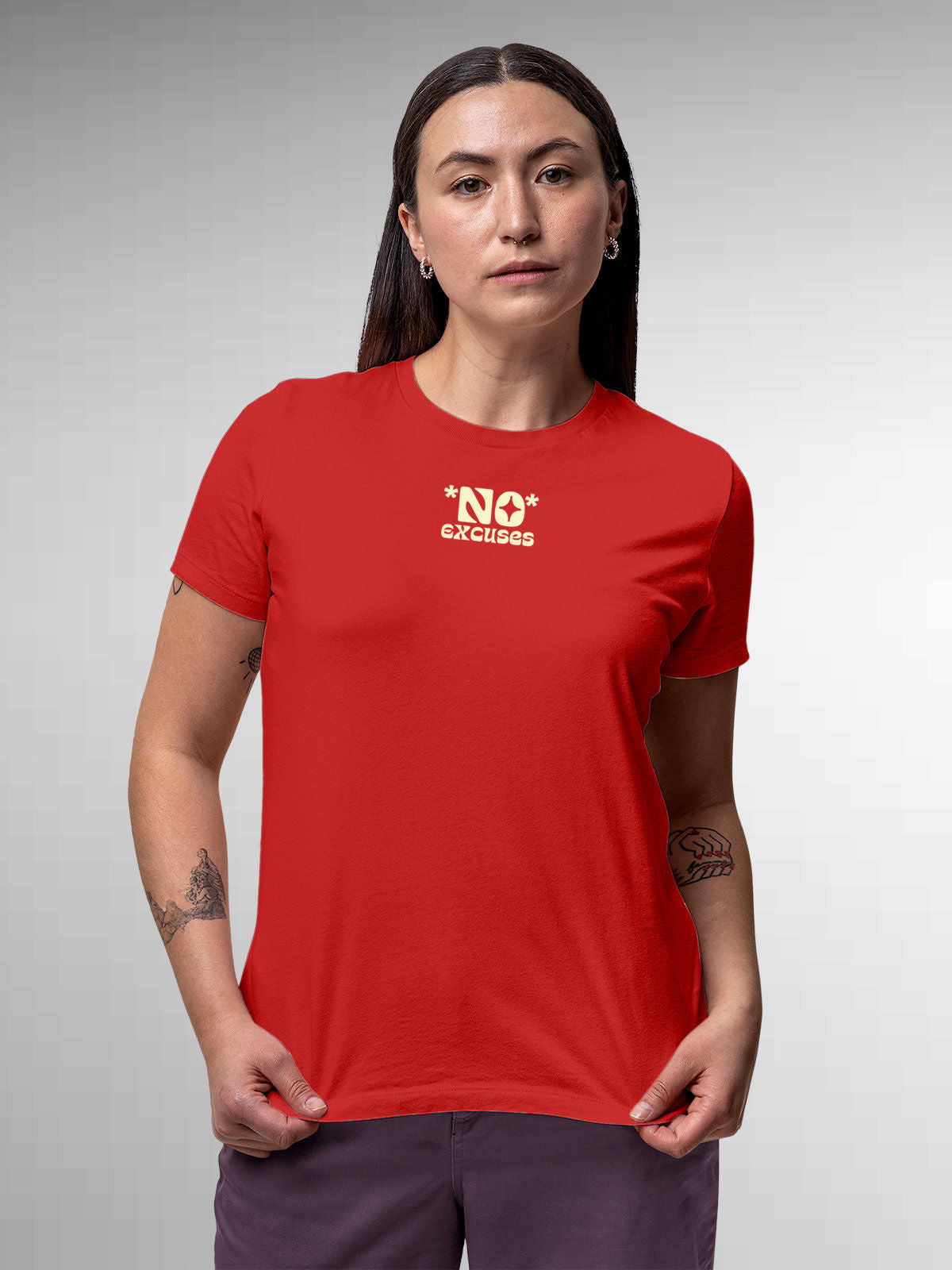 Model wearing Women's Red Round Neck T-shirt with 'No Excuses' design, offering effortless style and premium comfort