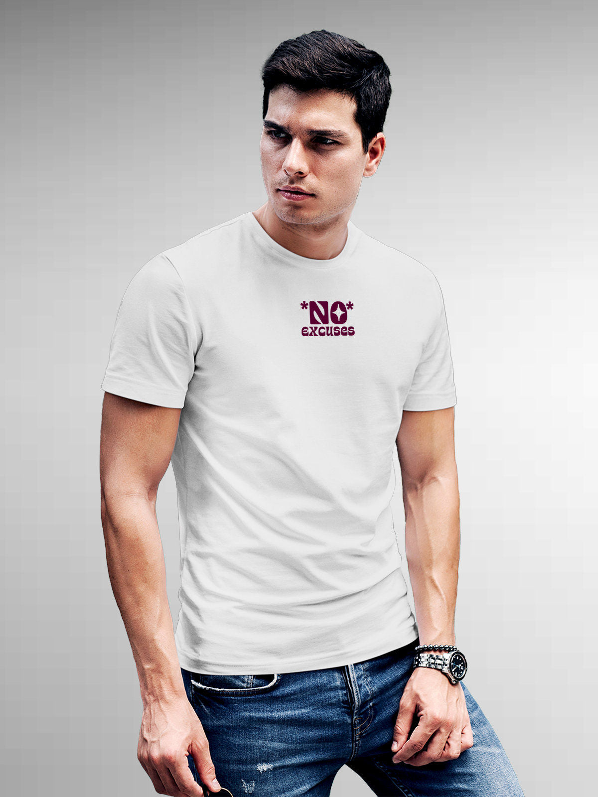 Model wearing Men's White Round Neck T-shirt with 'No Excuses' design, offering effortless style and premium comfort