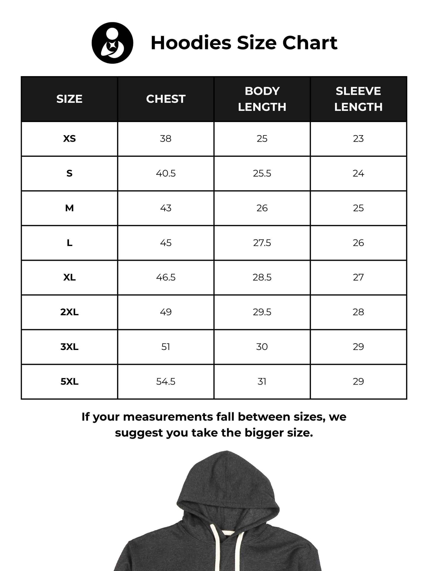 Size chart for Fighterhero Women's Dark Grey Hoodie with 'Chase Your Dreams' design