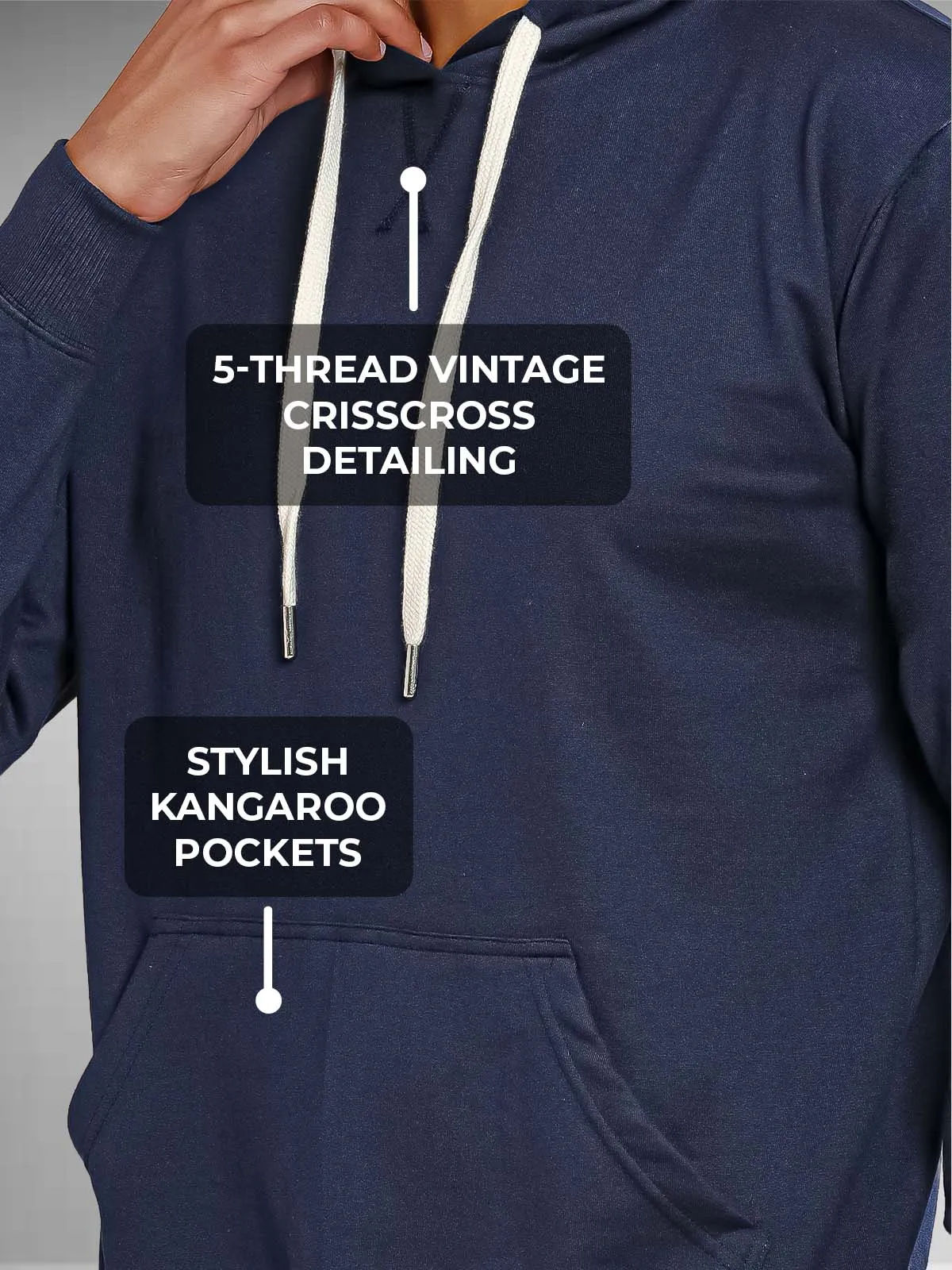 Men's Navy Blue Hoodie with 5-Thread Vintage CrissCross Detailing, and Stylish Kangaroo Pockets for a premium look.