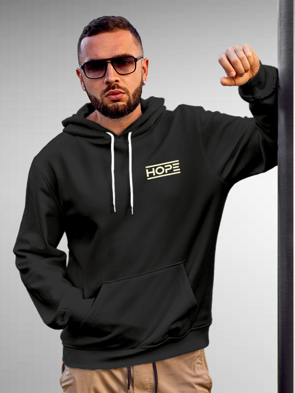 Model wearing Men's Dark Grey Hoodie Sweatshirt with 'Hope' design, offering effortless style and premium comfort
