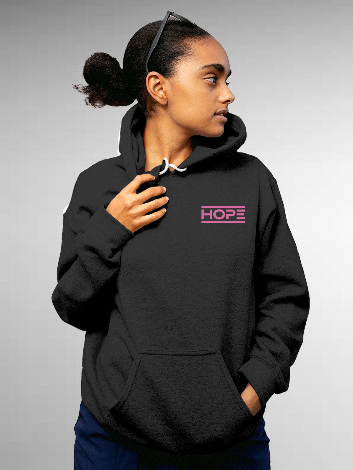 Model wearing Women's Dark Grey Hoodie Sweatshirt with 'Hope' design, offering effortless style and premium comfort