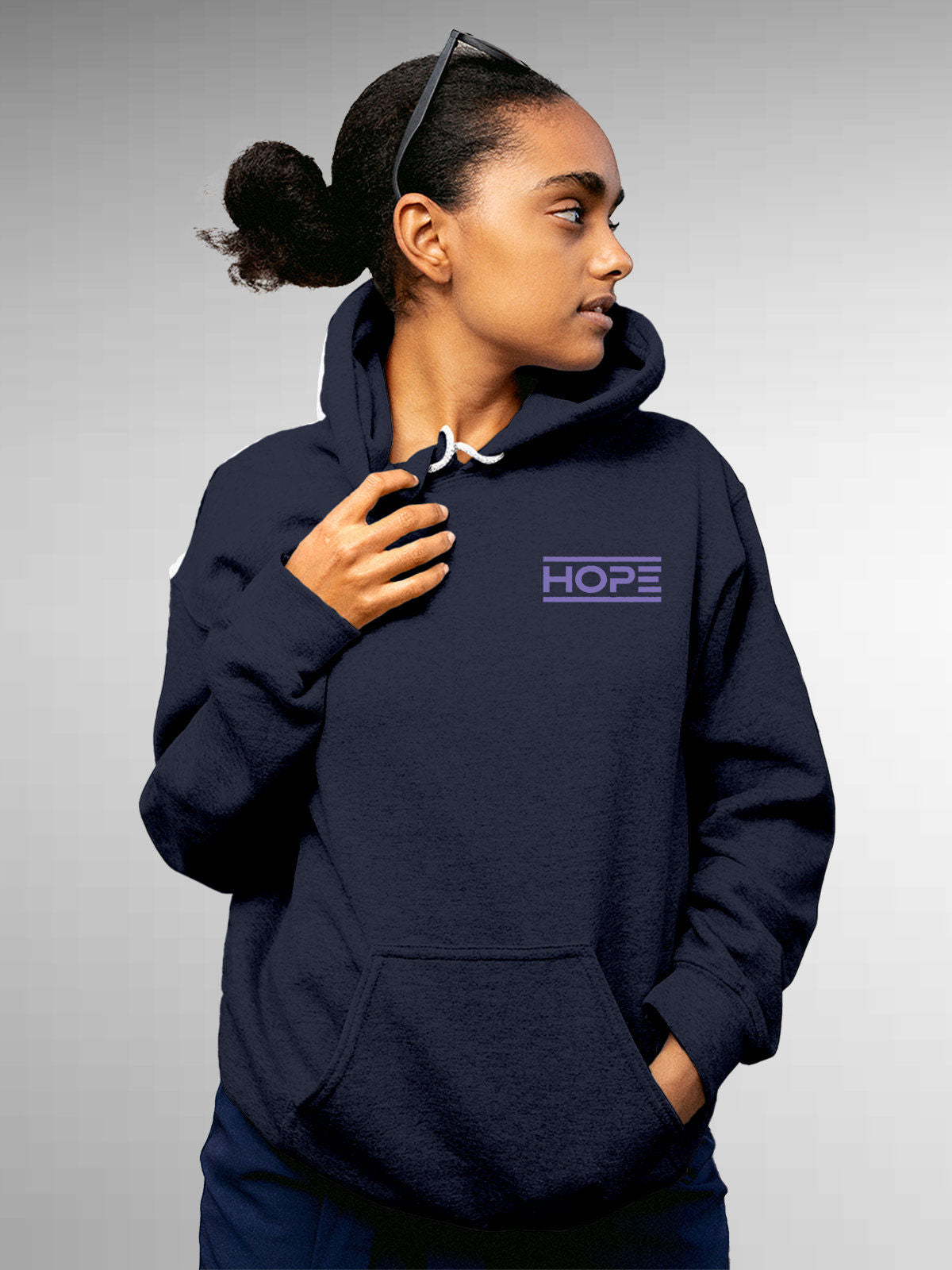 Model wearing Women's Navy Blue Hoodie Sweatshirt with 'Hope' design, offering effortless style and premium comfort