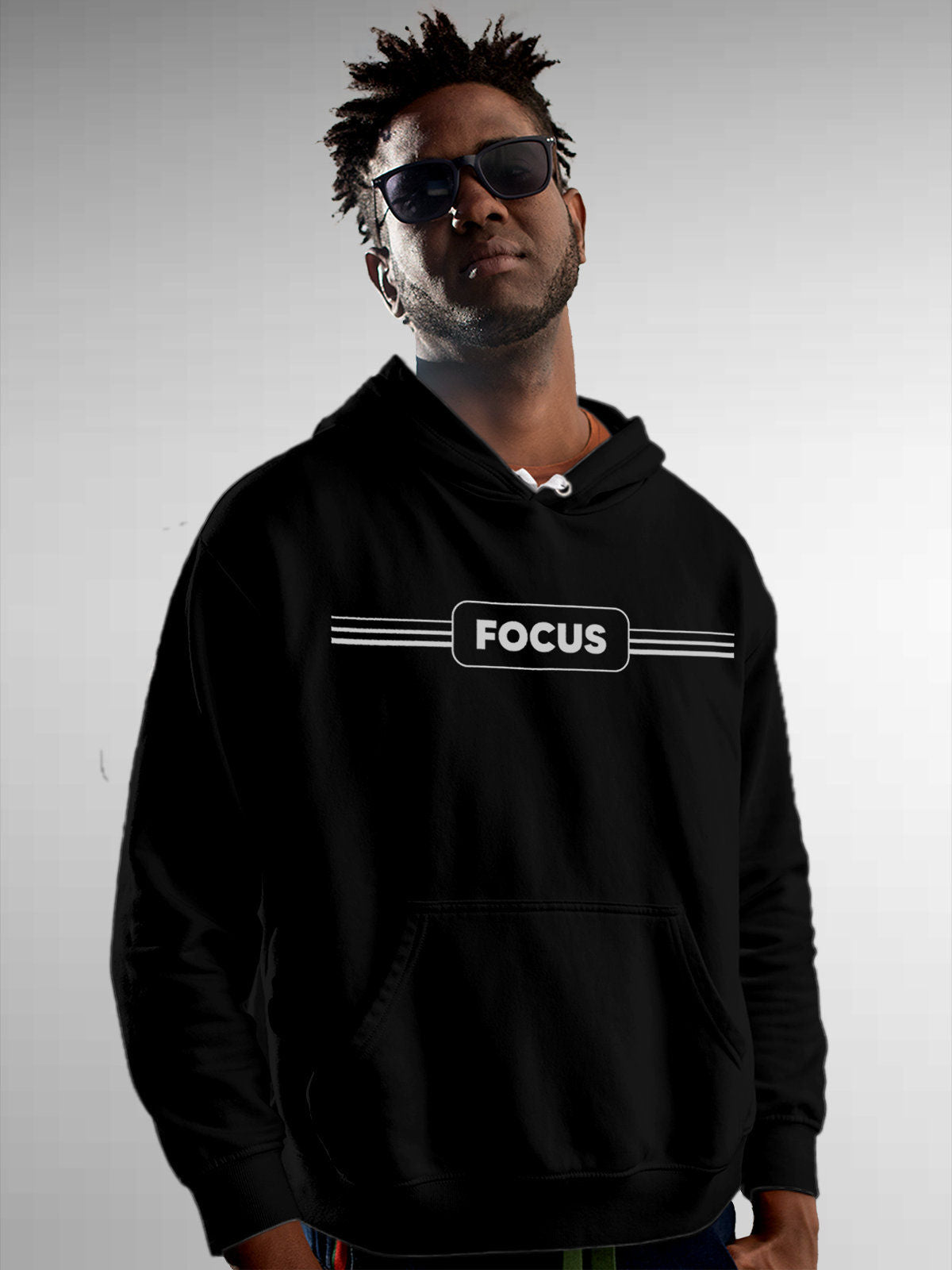 Model wearing Men's Black Hoodie Sweatshirt with 'Focus' design, offering effortless style and premium comfort
