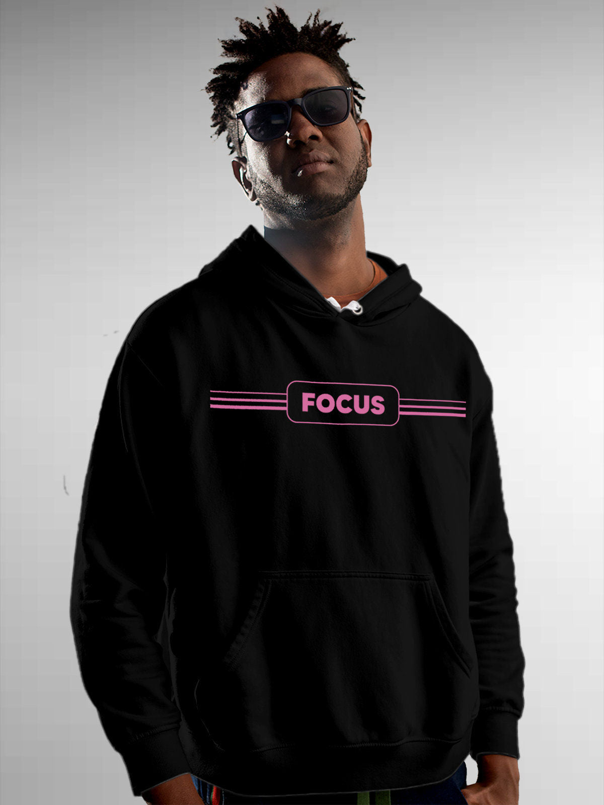 Model wearing Men's Black Hoodie Sweatshirt with 'Focus' design, offering effortless style and premium comfort