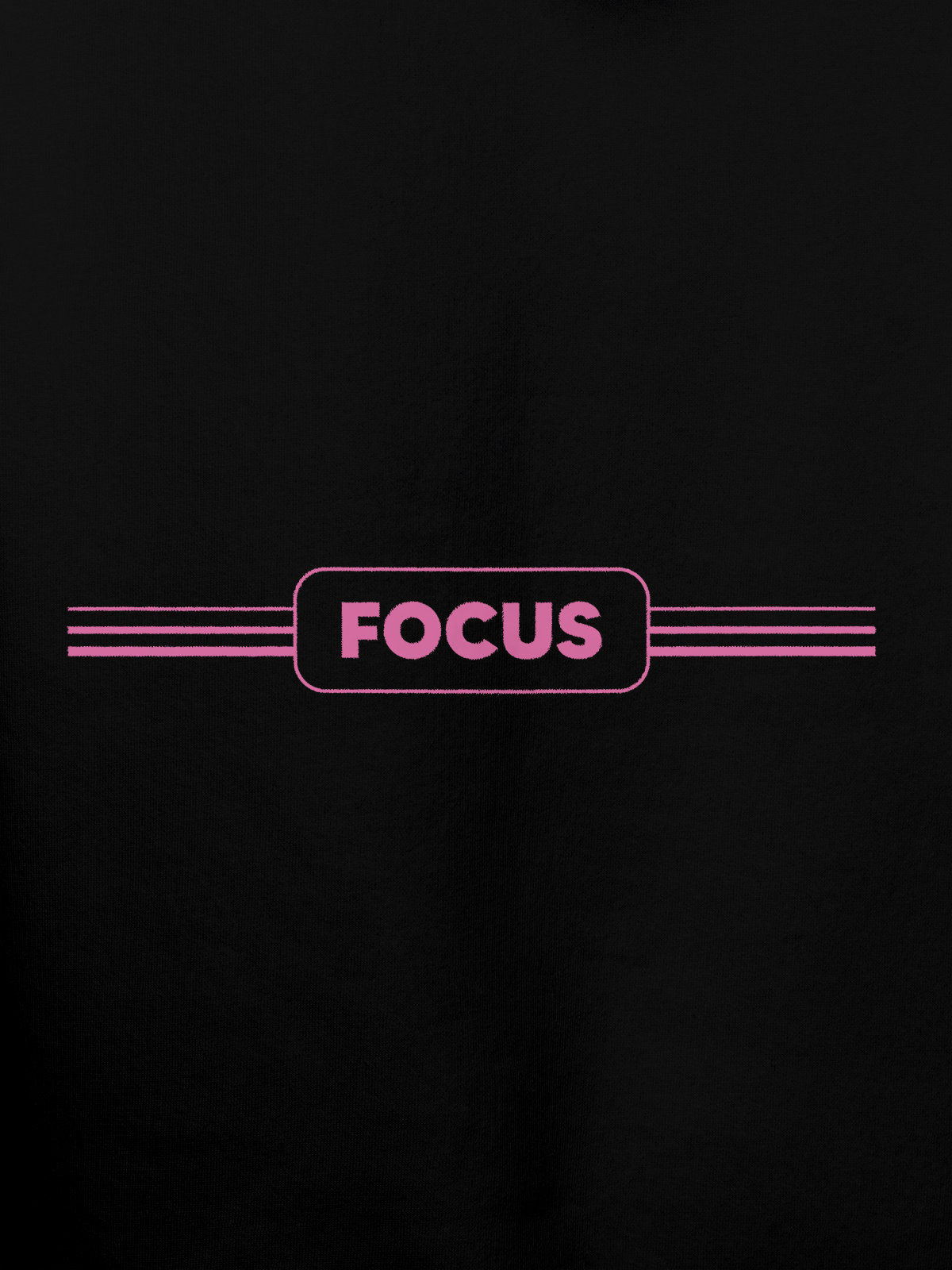 Close up of 'Focus' design on Men's Black Hoodie Sweatshirt, highlighting intricate details and vibrant print.