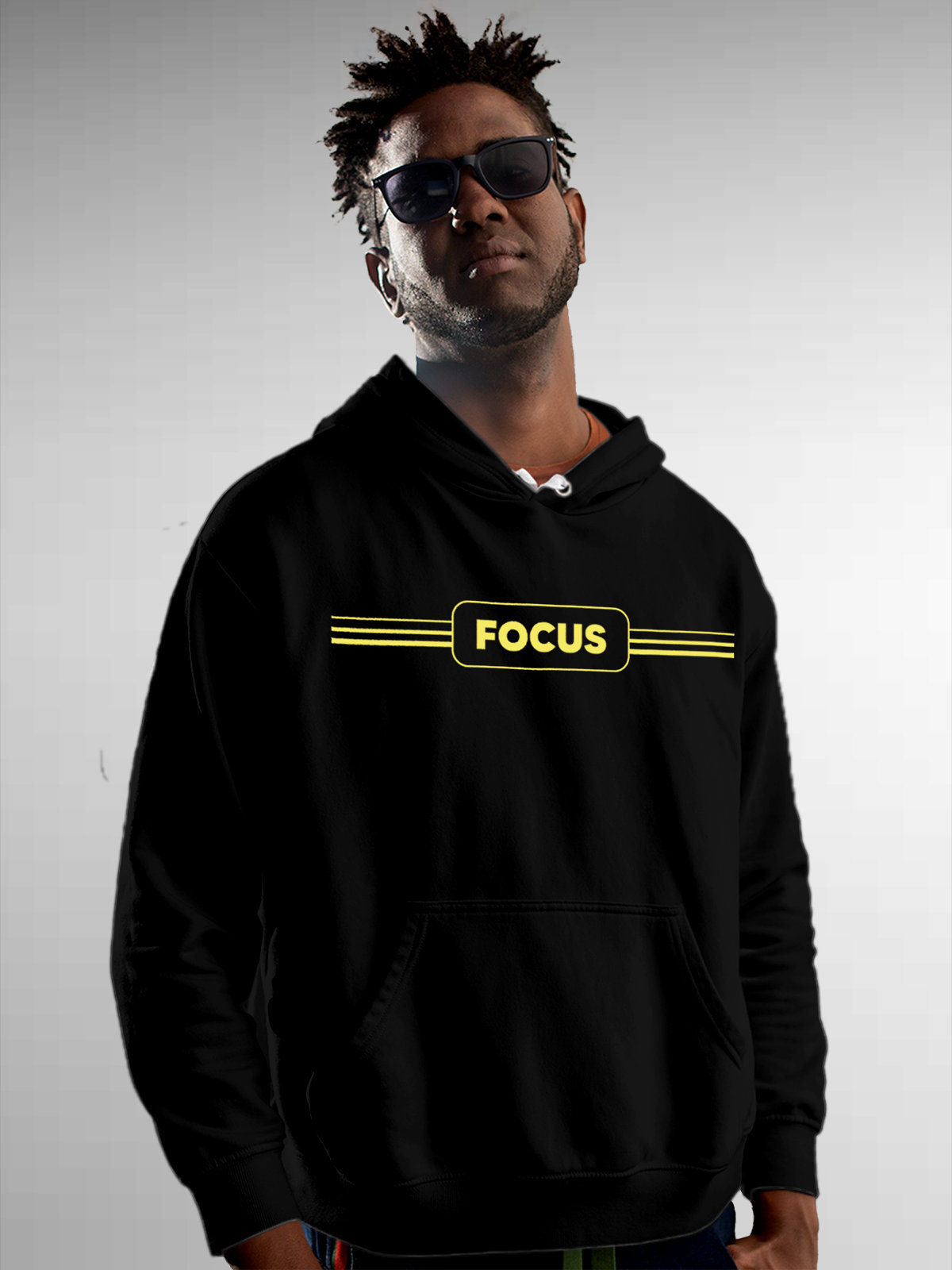 Model wearing Men's Black Hoodie Sweatshirt with 'Focus' design, offering effortless style and premium comfort